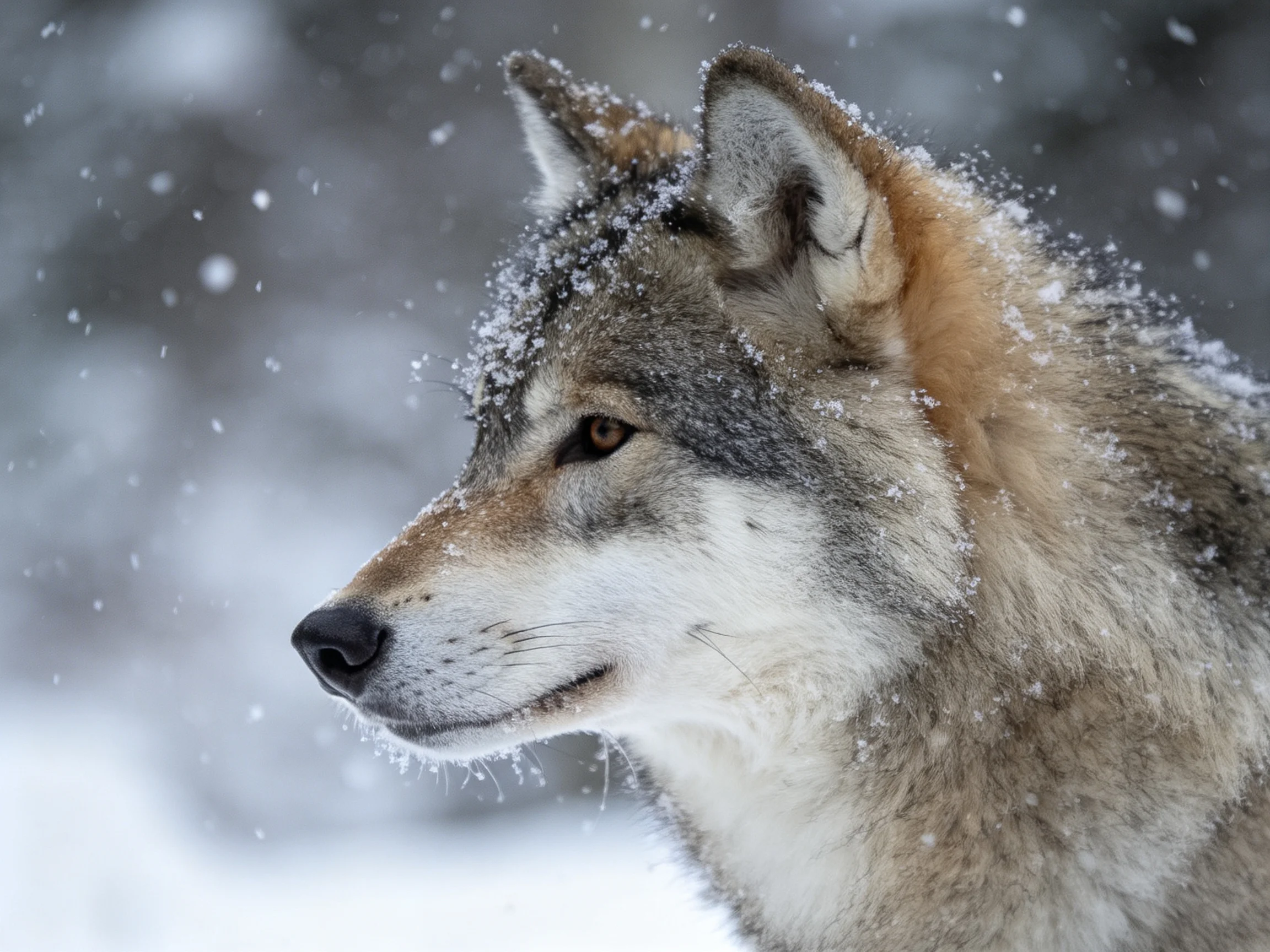 A gray and tan wolf stands in falling snow amidst wintry landscape