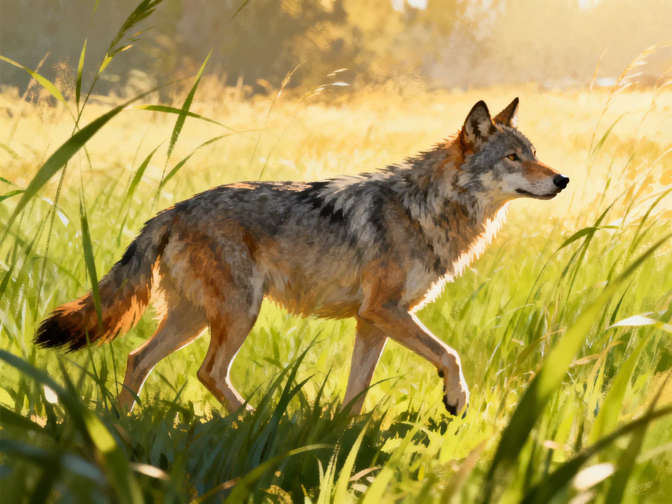 A wolf moves through tall grass under warm sunlight.