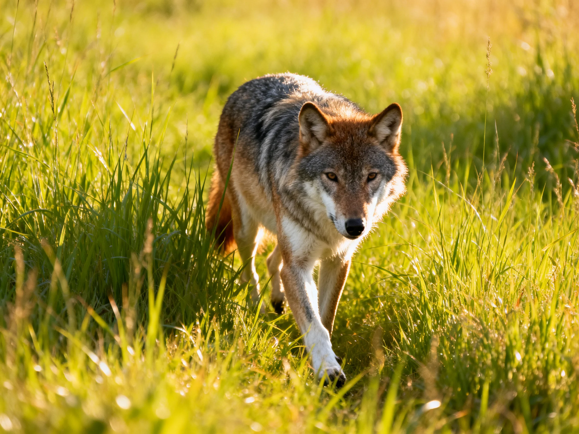 A gray and tan wolf moves through grass in a sunlit natural setting.