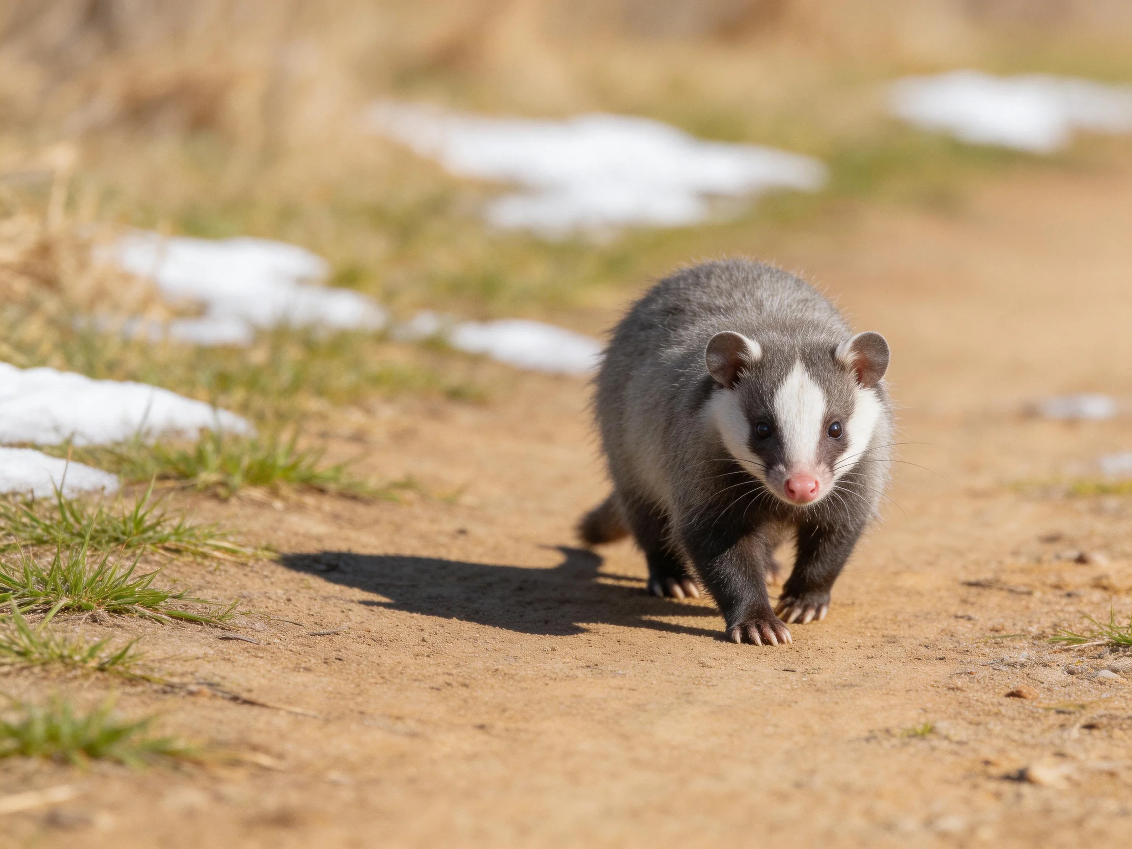 A badger with gray, white, and dark fur moves along a dirt path near snow patches.