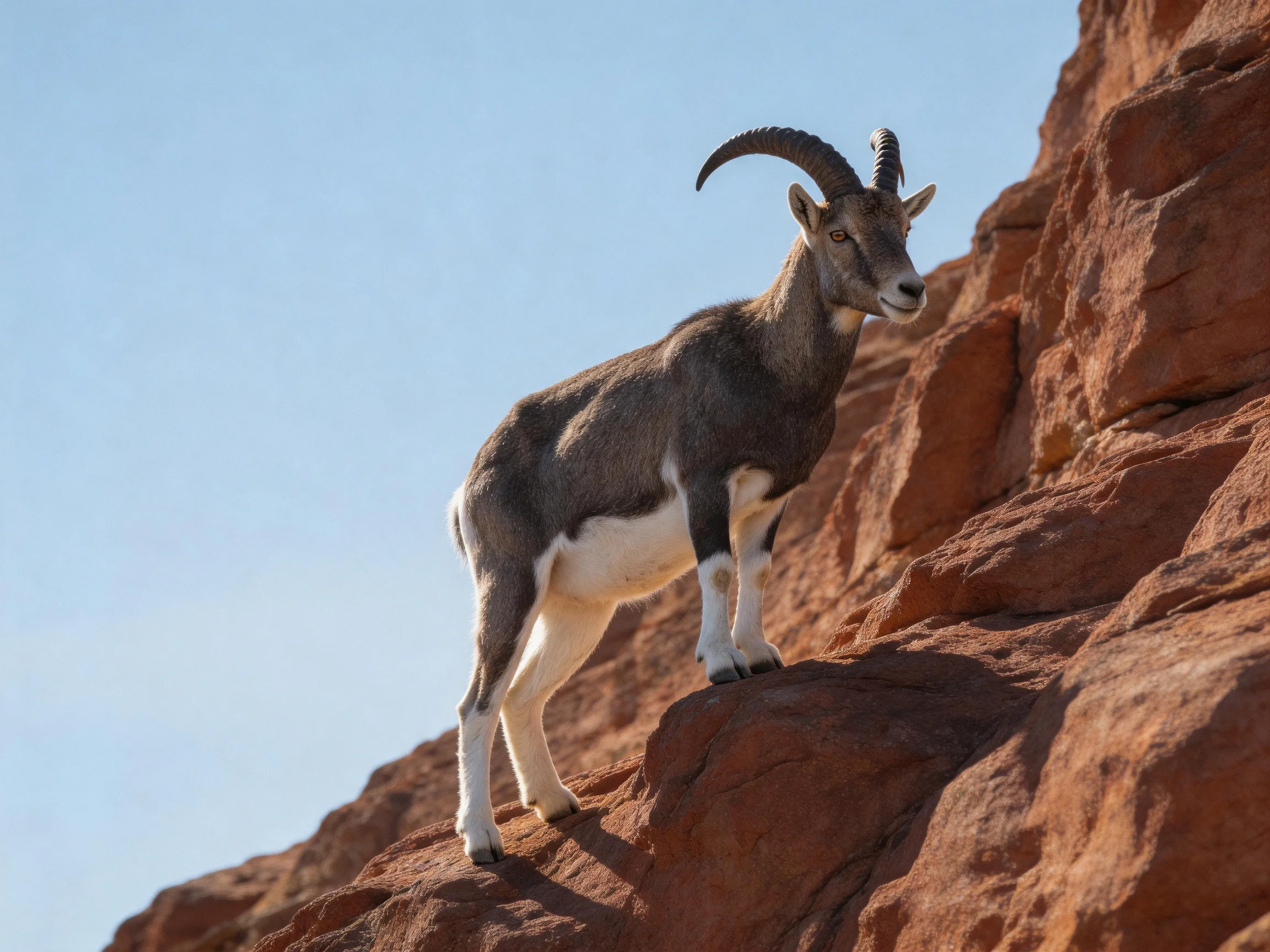 A gray-and-white mountain goat stands on reddish-brown rocky cliffs under a clear blue sky.