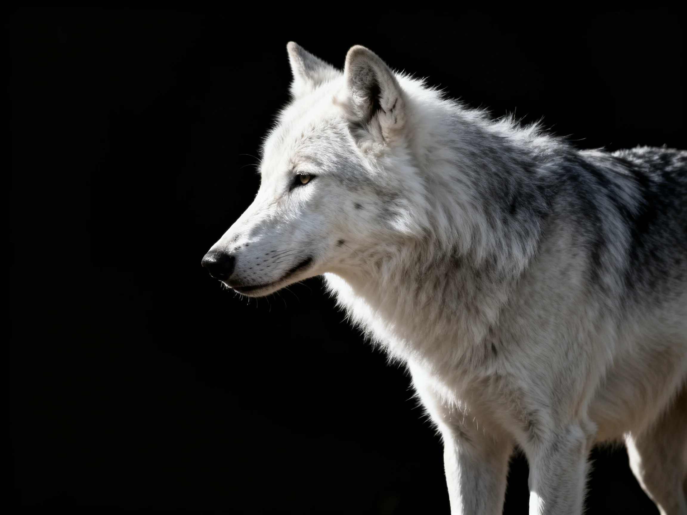 A gray and white wolf stands out against a stark black background