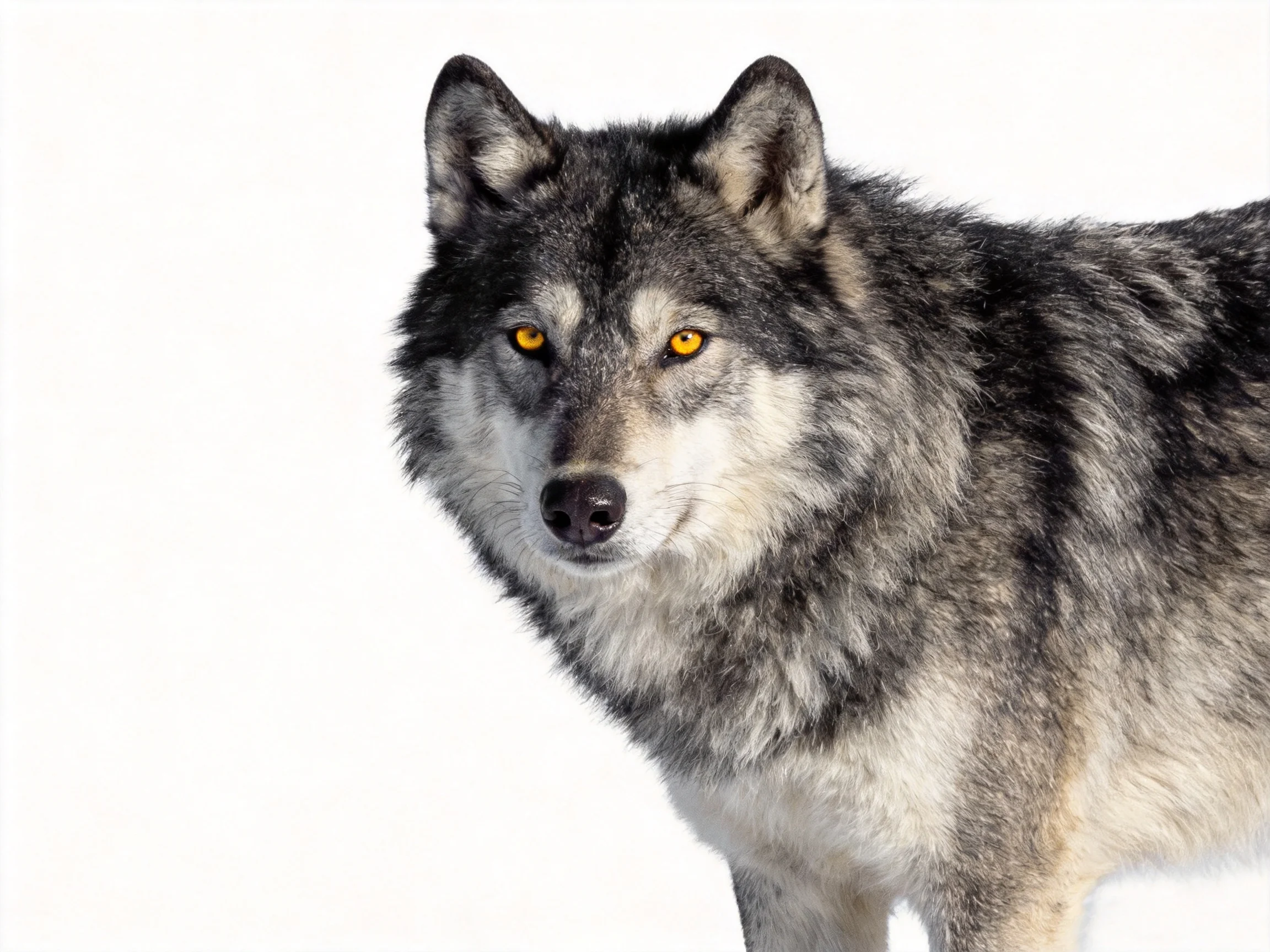 A gray and white wolf with striking amber eyes
