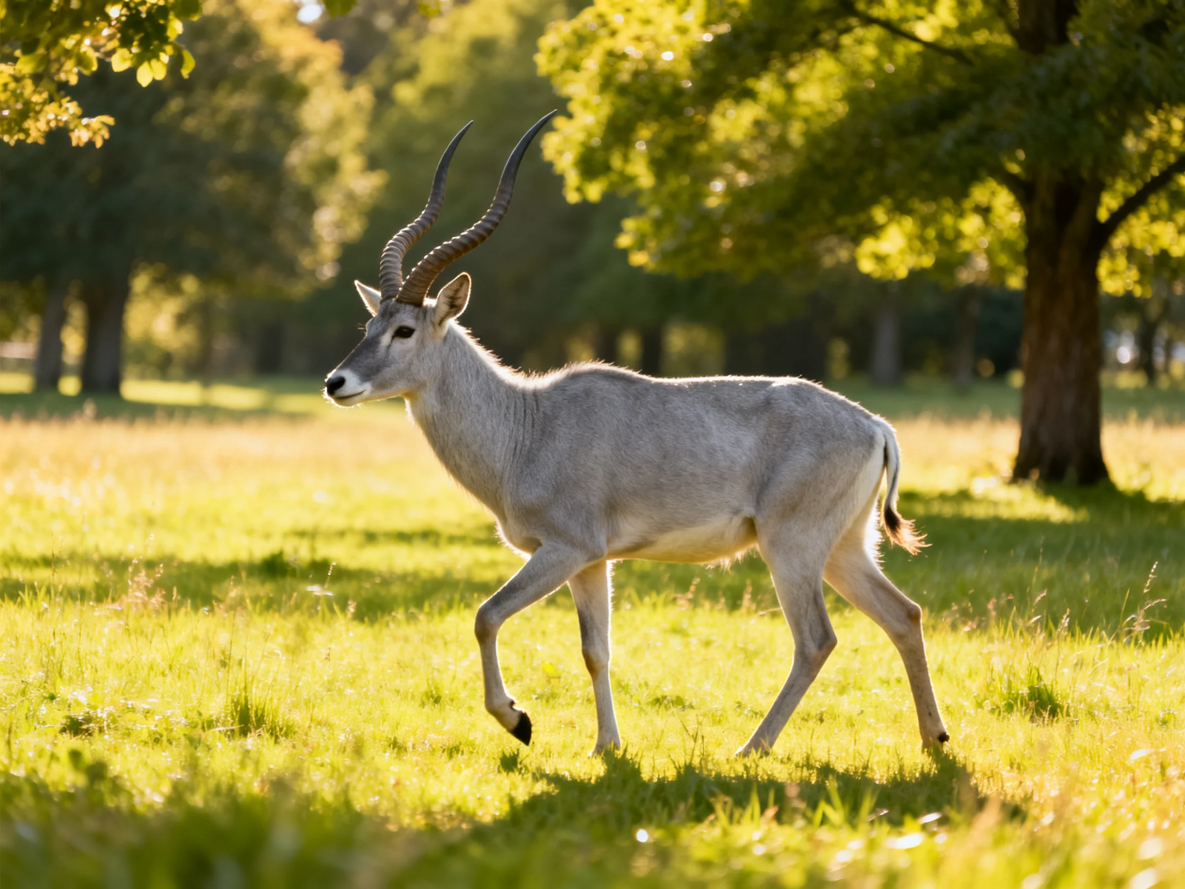 A gray antelope with long curved horns roams a sunlit grassy field