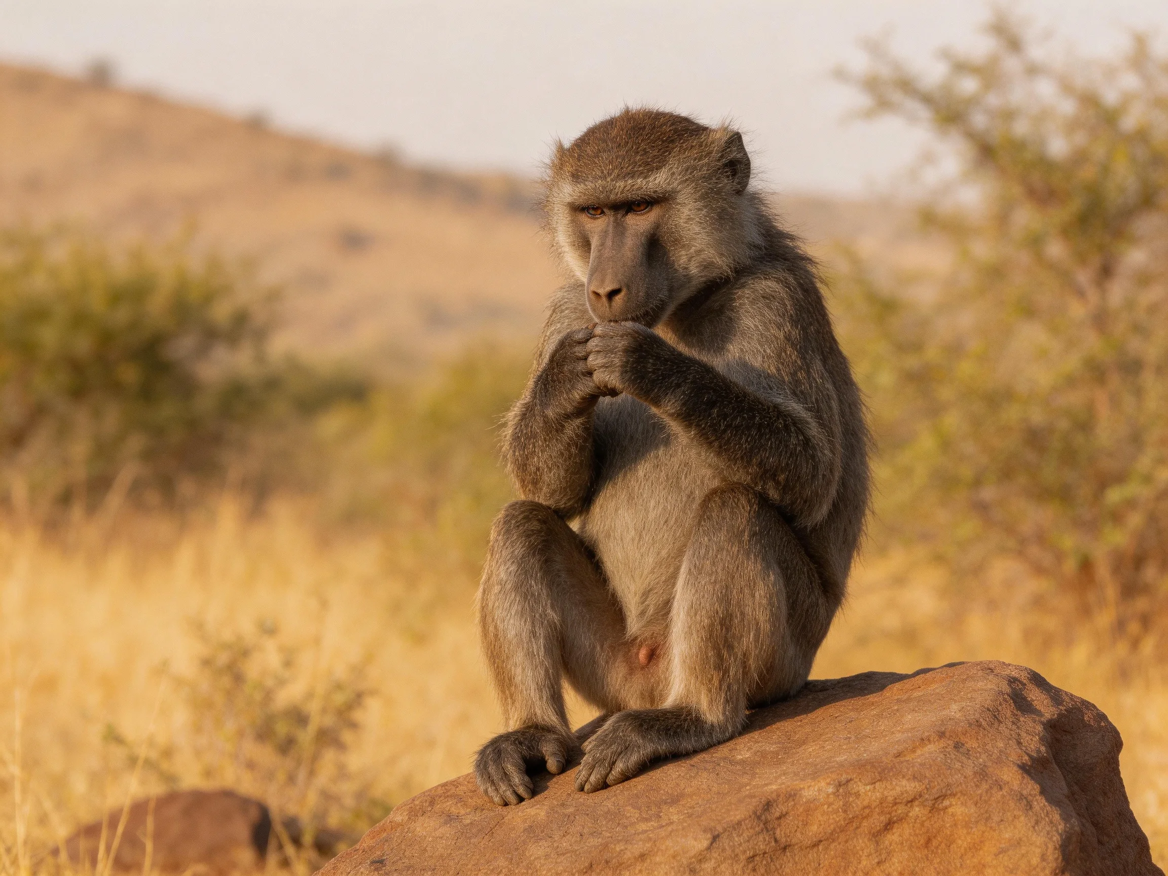 A gray baboon sits on a brown rock in golden savannah