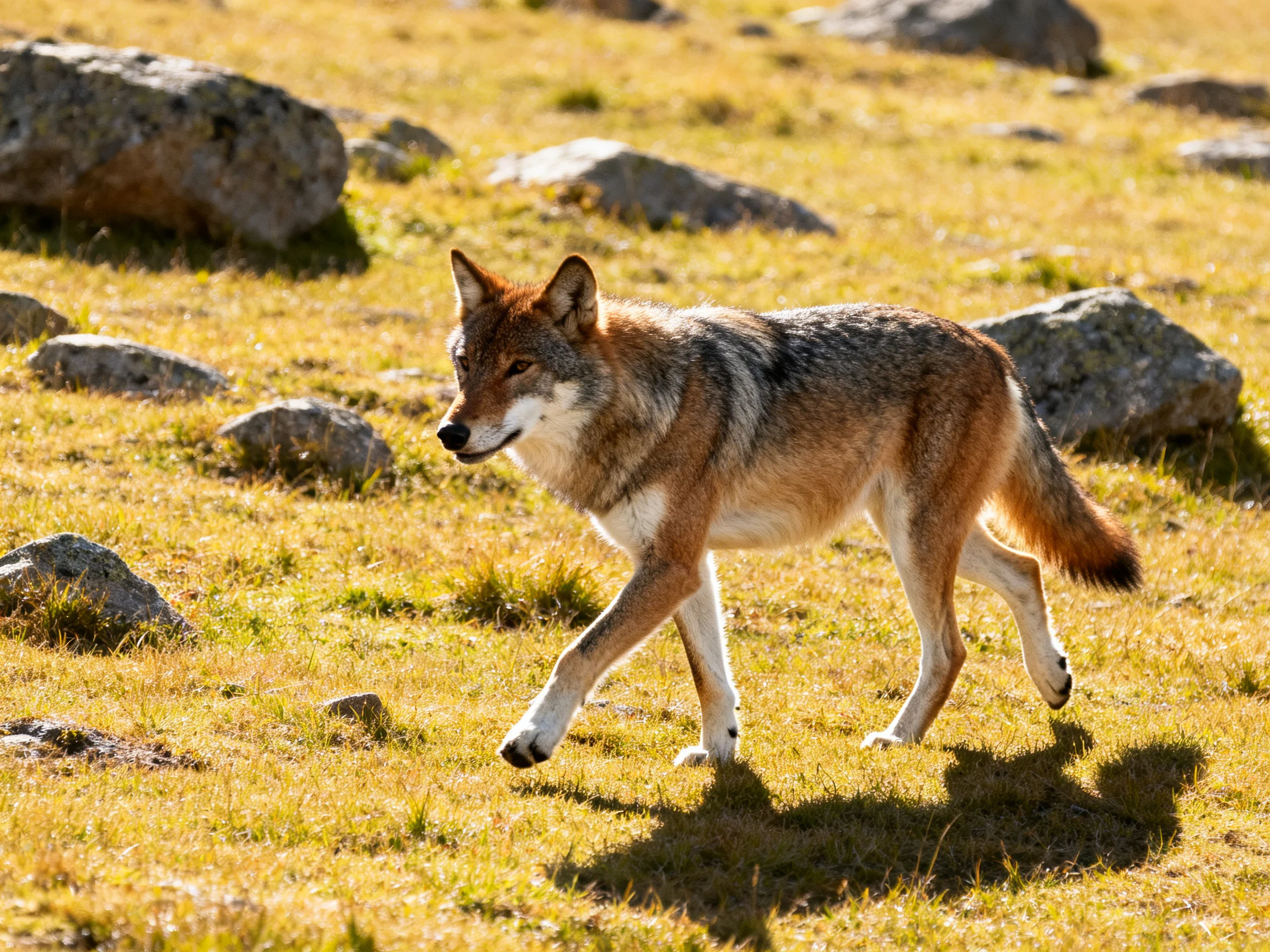 A gray-brown canid roams a sunlit rocky meadow