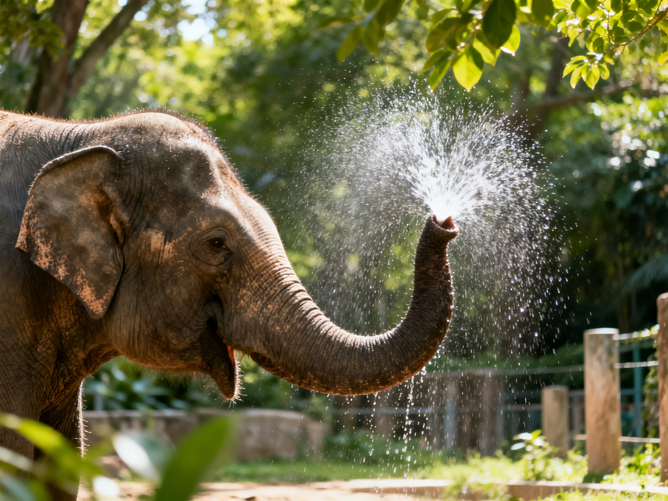 A gray-brown elephant sprays water with its trunk in a sunlit, leafy enclosure