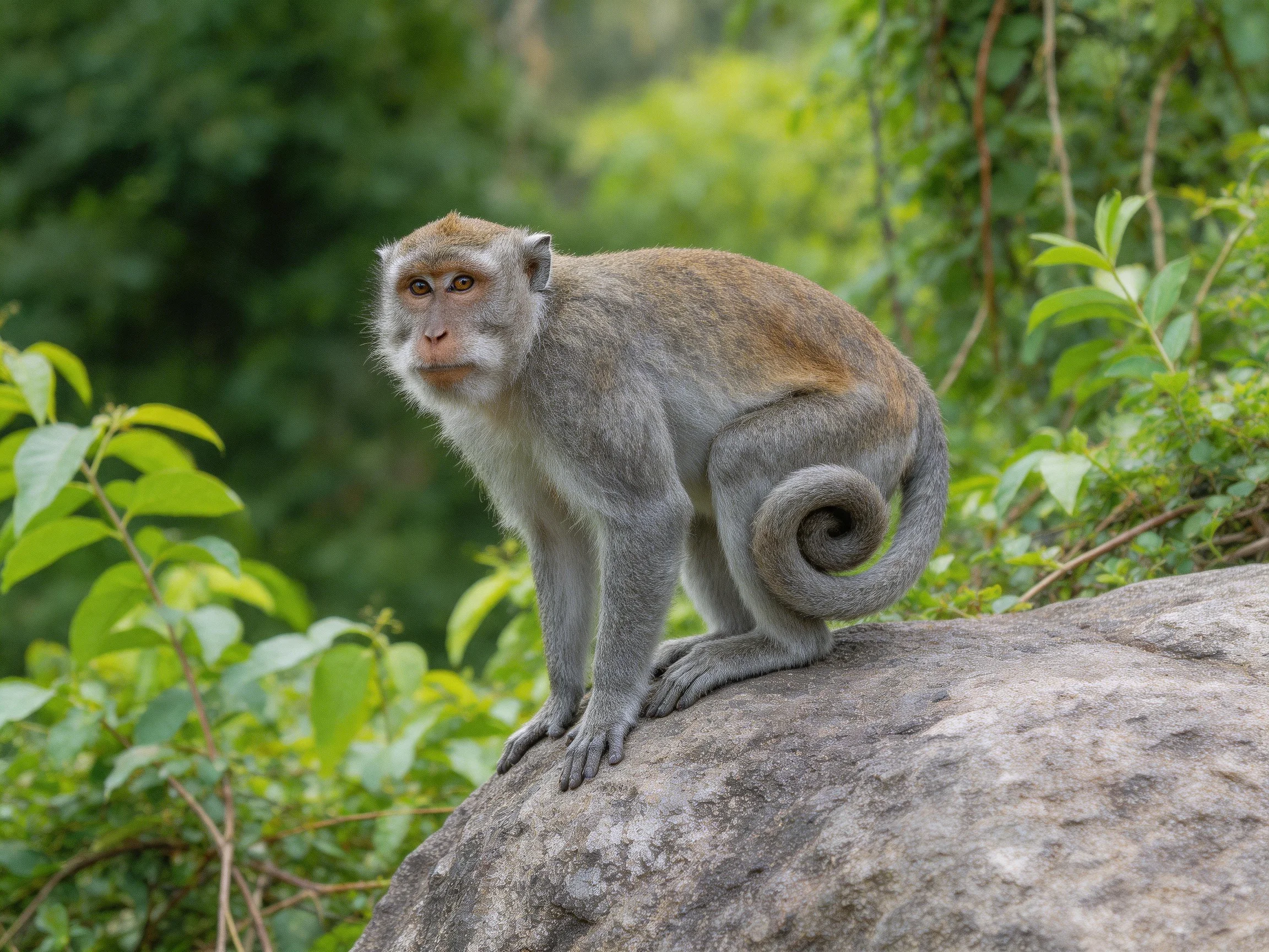 A monkey stands alert on a rock surrounded by dense greenery.