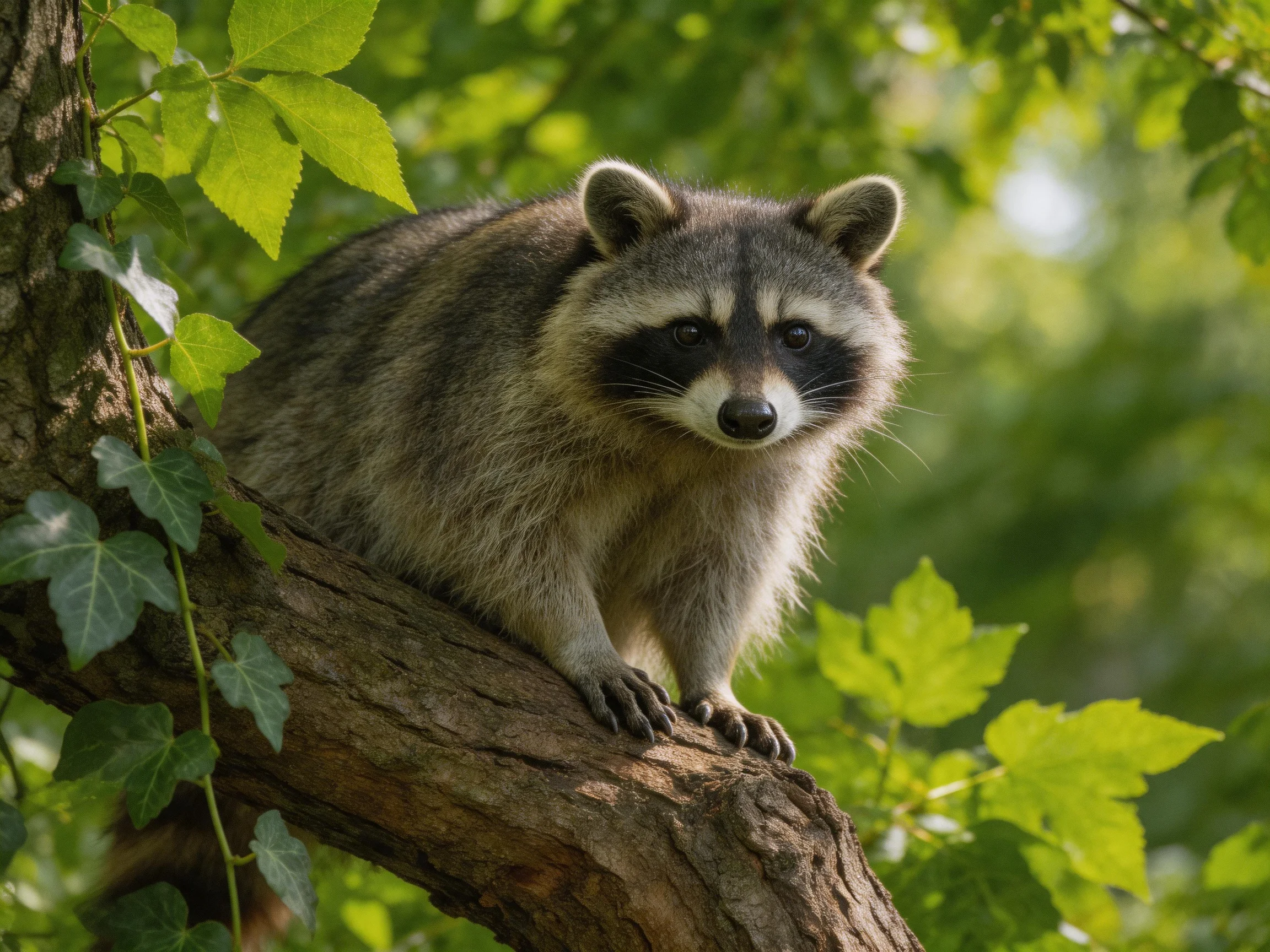 A gray-brown raccoon perched on a gnarled tree branch amid lush green foliage