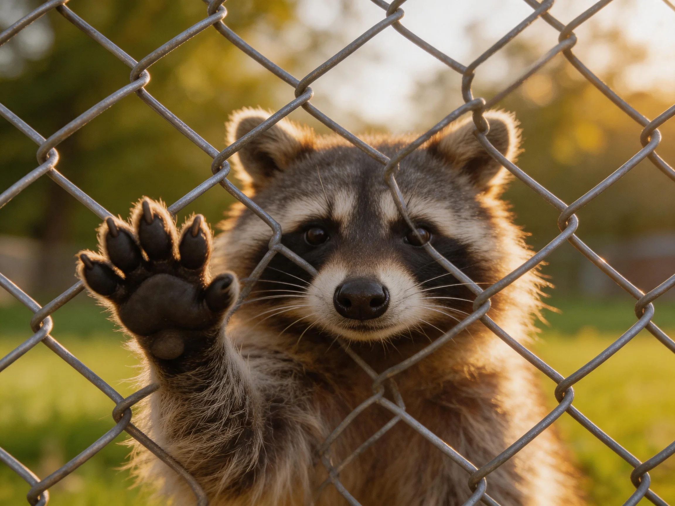 A gray-brown raccoon presses its paw against a silver chain-link fence