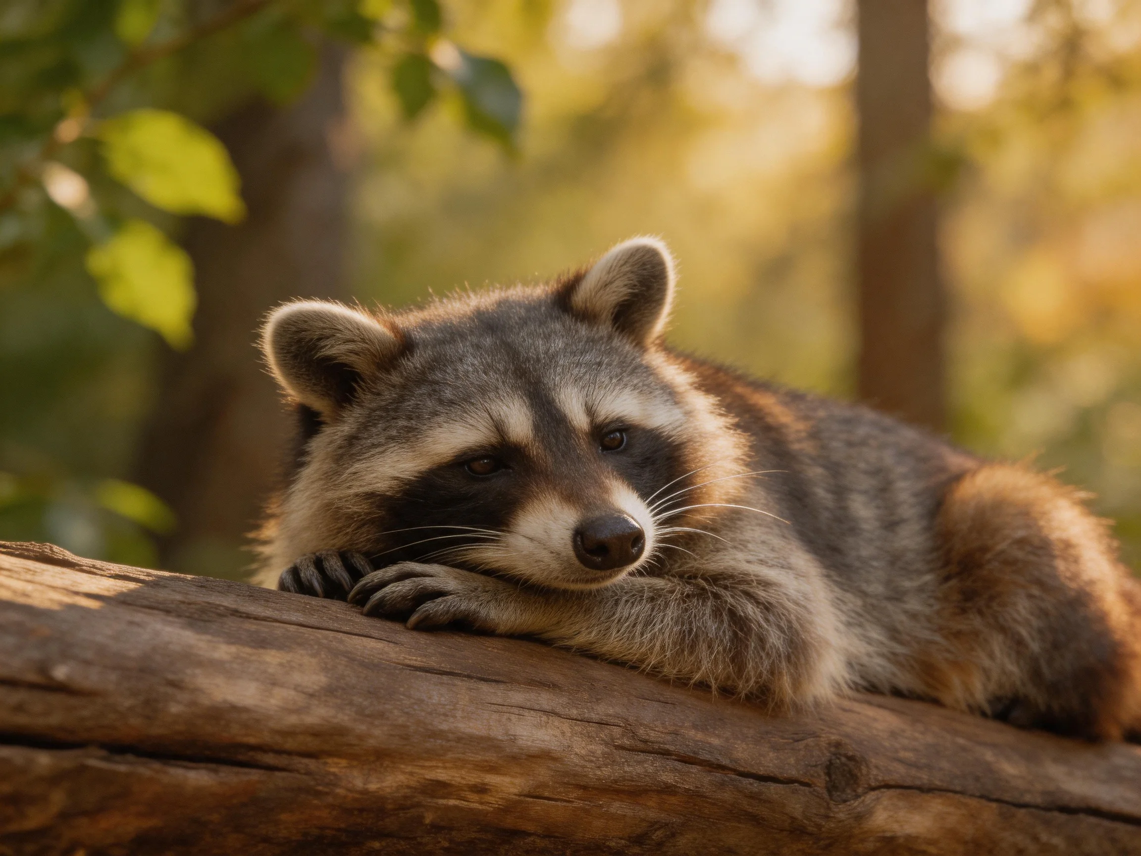 A gray-brown raccoon rests on a weathered wooden log amid green foliage