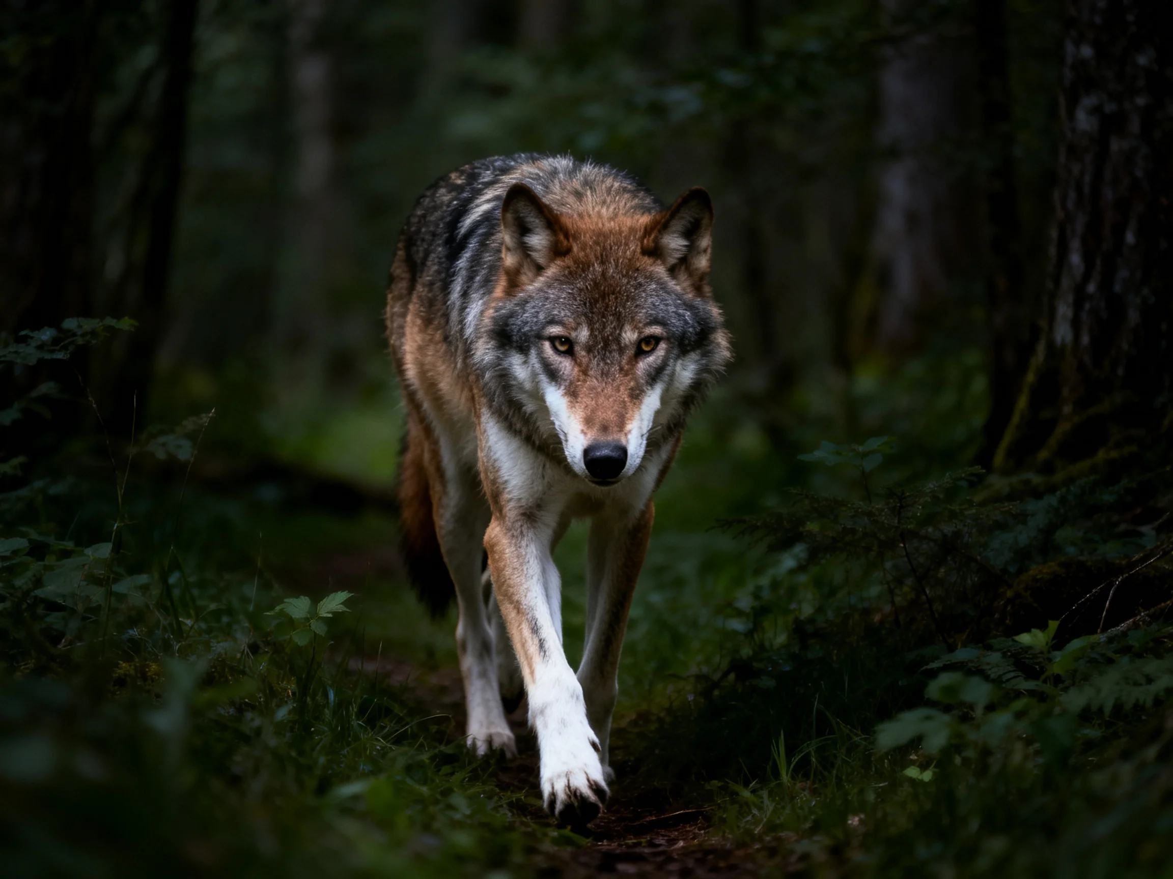 A gray-brown wolf focuses intently as it traverses a shadowed forest trail