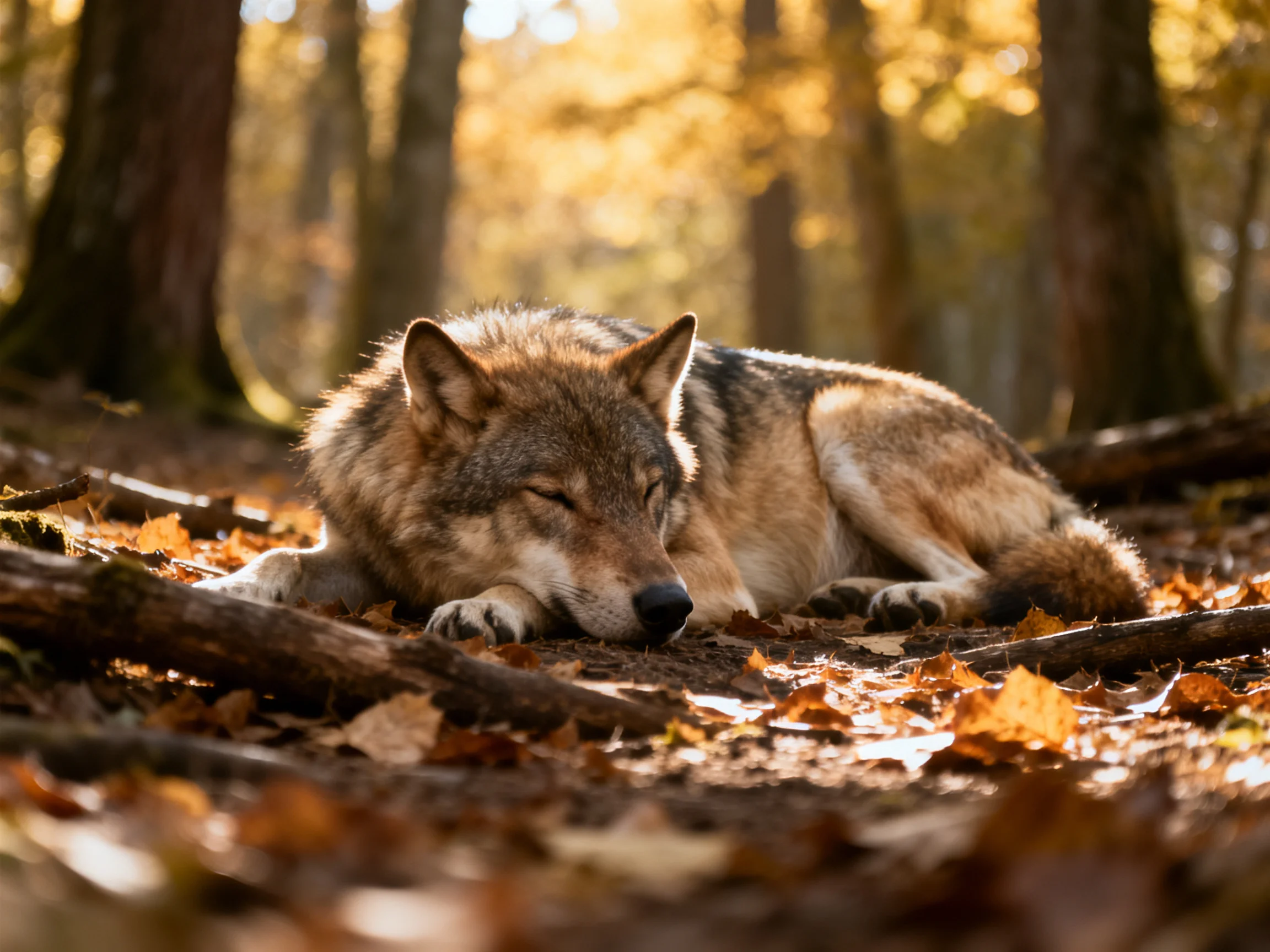 A wolf rests on fallen leaves in a sunlit forest setting.
