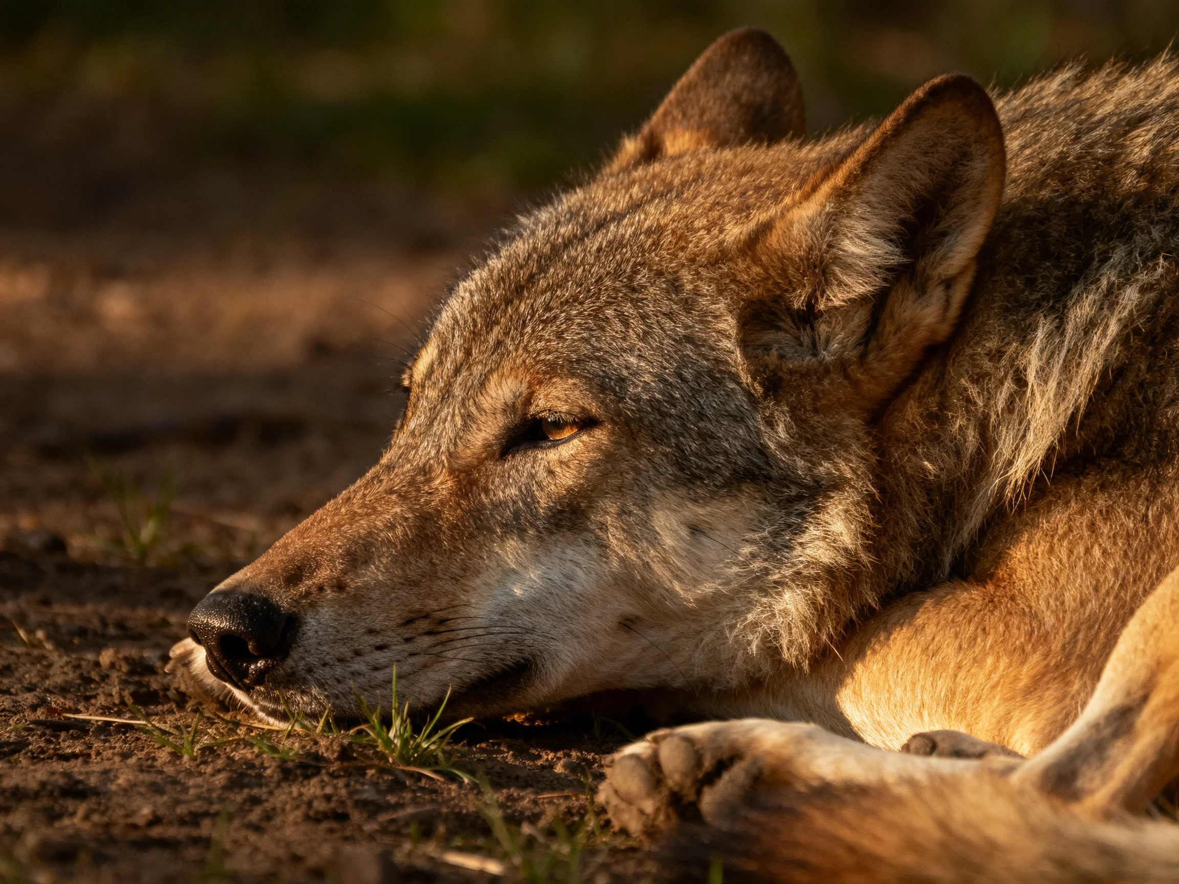 A gray-brown wolf rests on dirt ground with warm sunlight