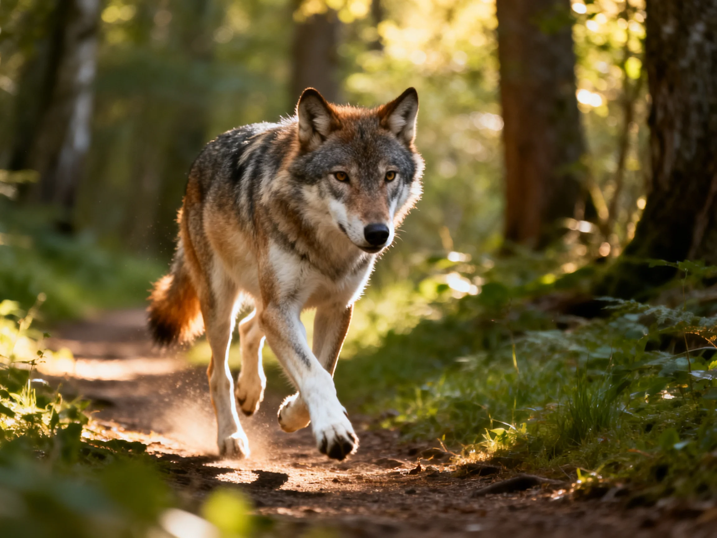 A gray-brown wolf running along a sunlit forest trail