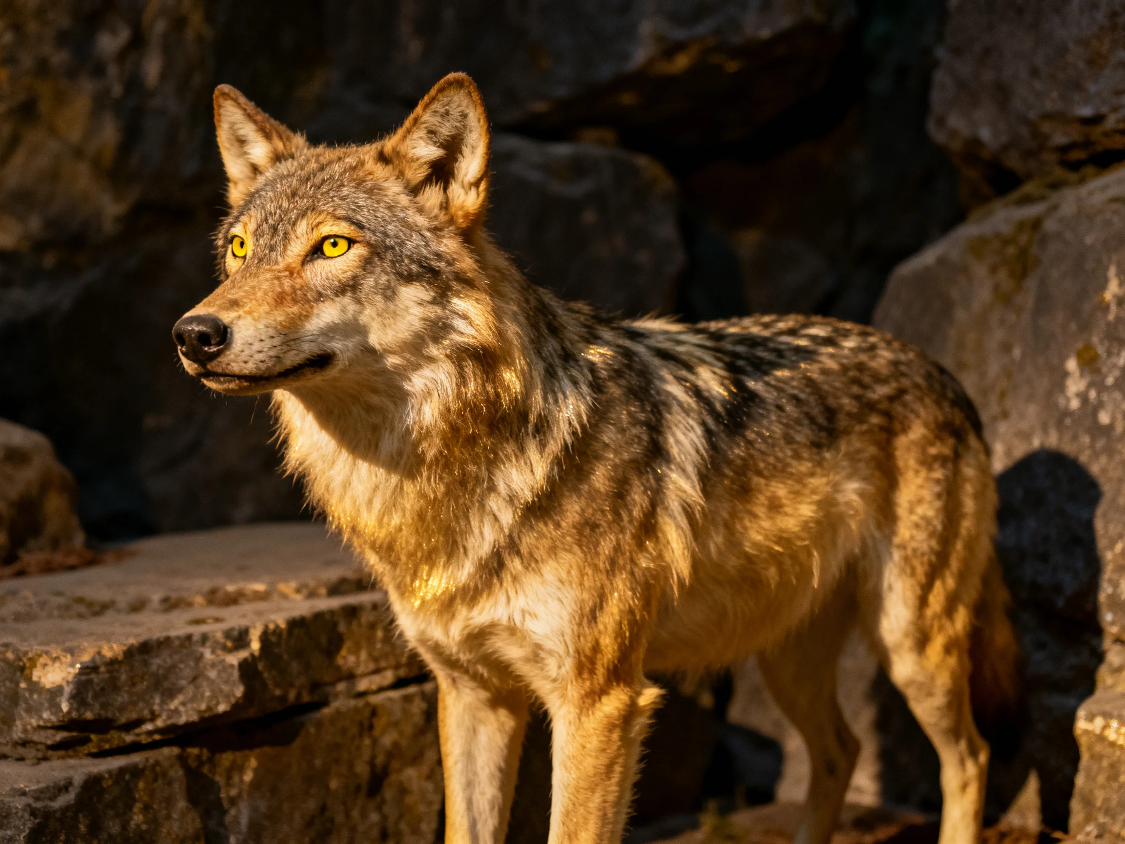 A gray-brown wolf stands alert near large, shadowed rocks.
