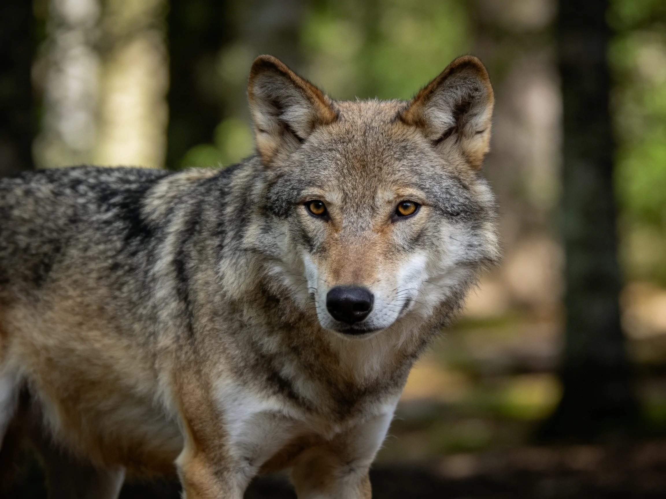 A gray-brown wolf stands alert in a sunlit forest