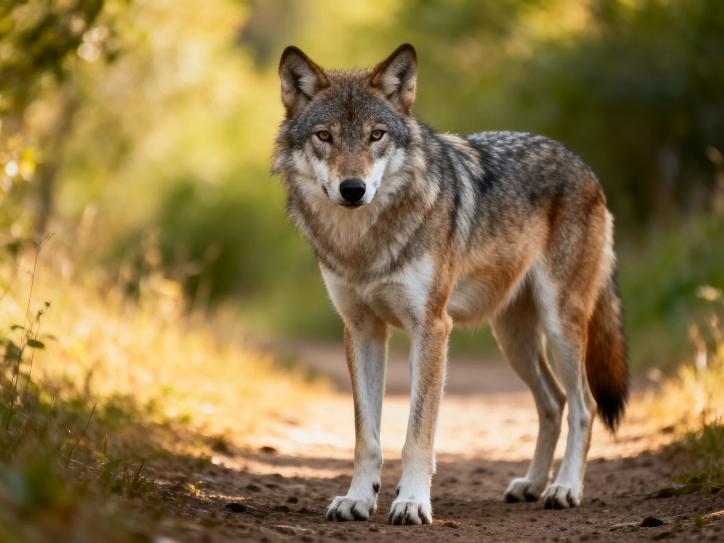 An alert wolf stands on a sunlit dirt path amid greenery.