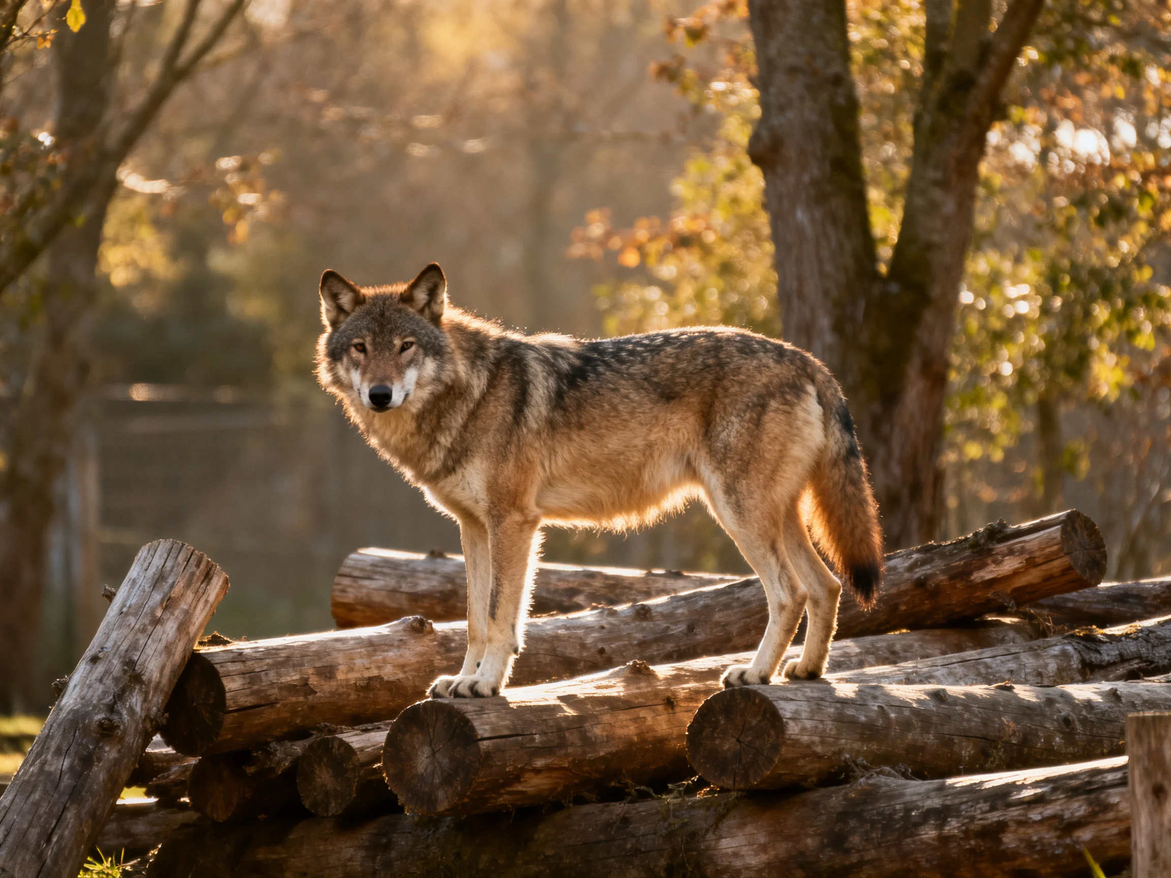 A gray-brown wolf stands on stacked logs in a sunlit forest