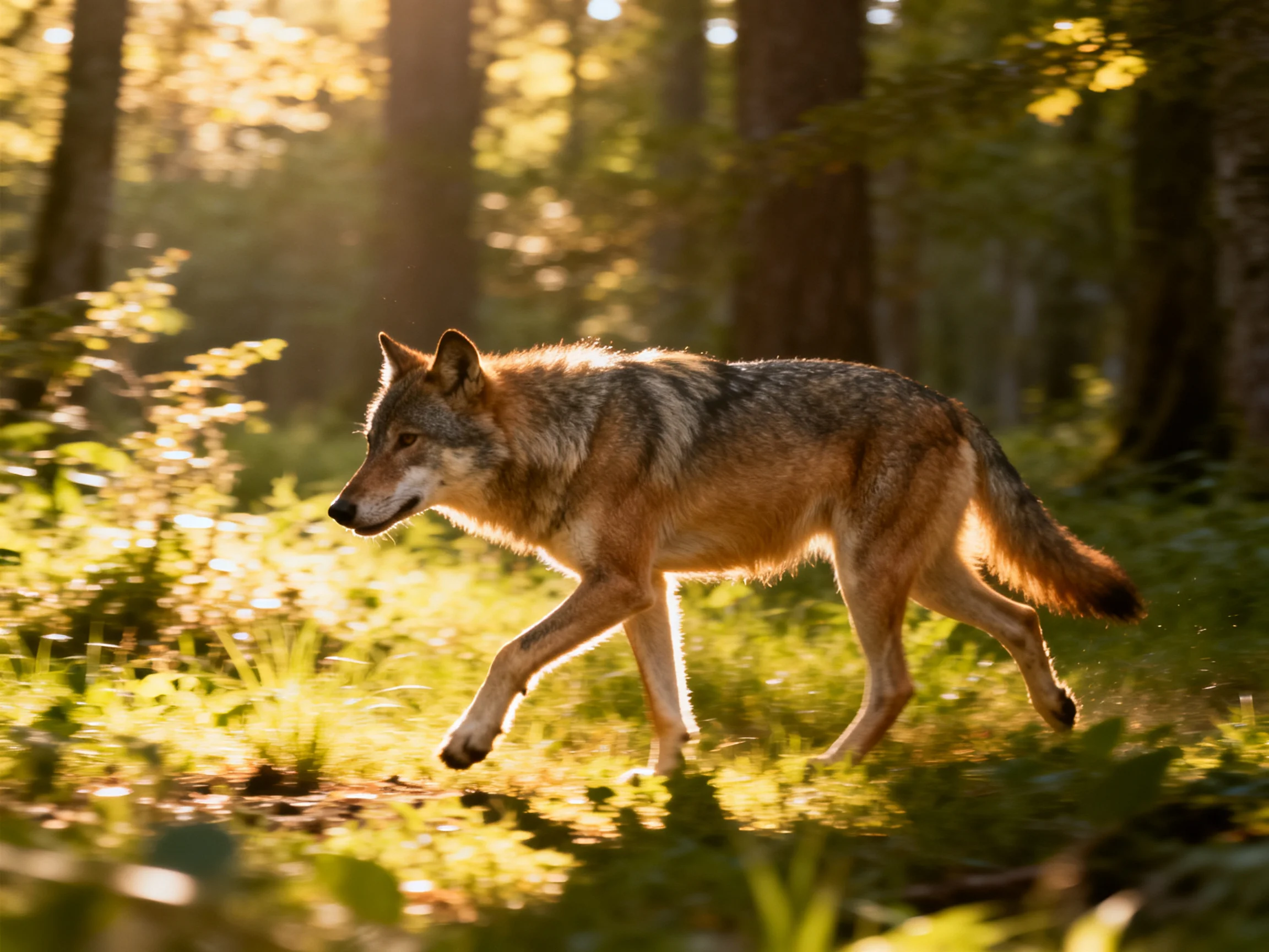 A gray-brown wolf traverses sun-dappled forest with tall trees