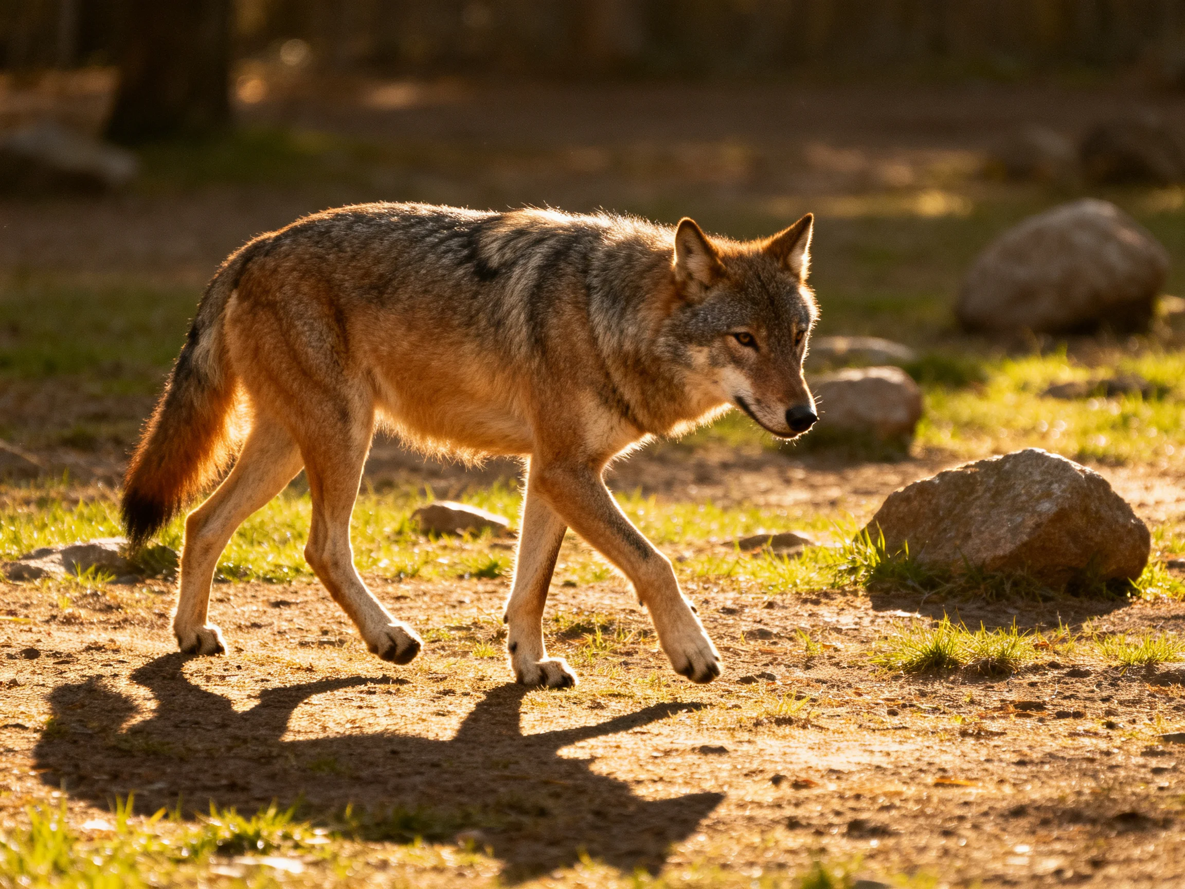A gray-brown wolf walks through a sunlit forest clearing with rocks and grass