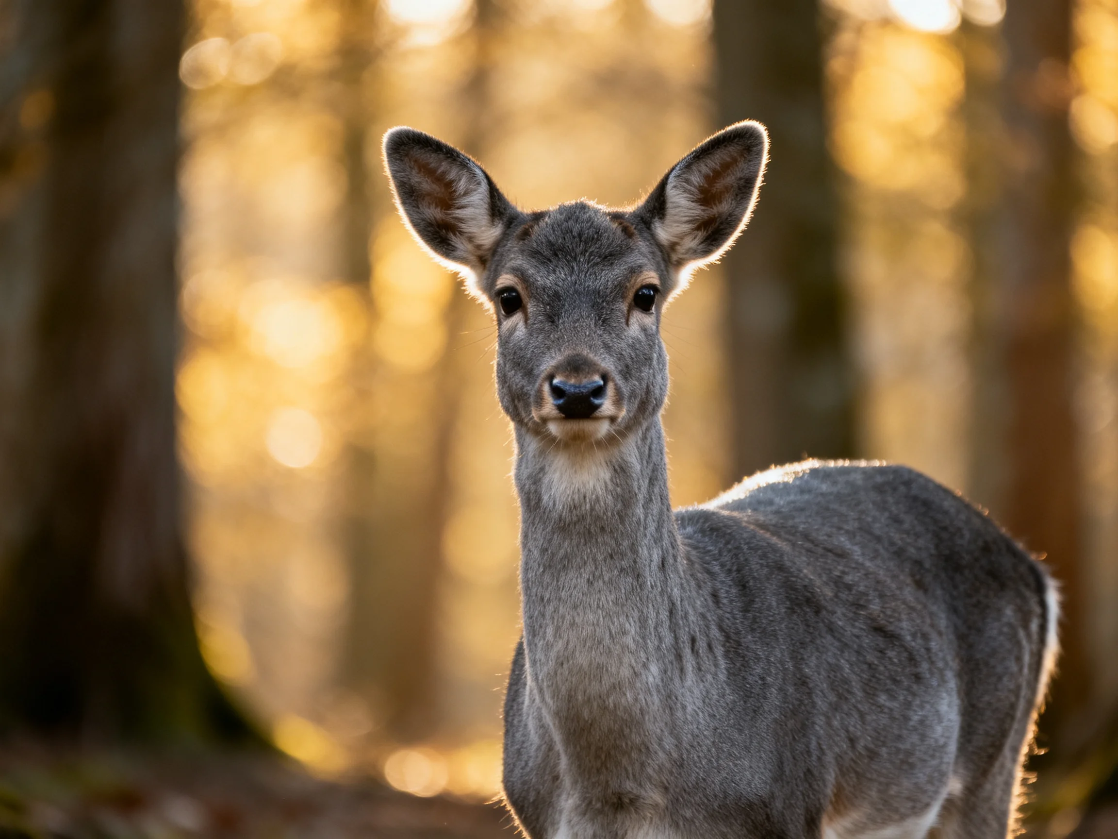 A gray deer in a sunlit forest with golden bokeh trees