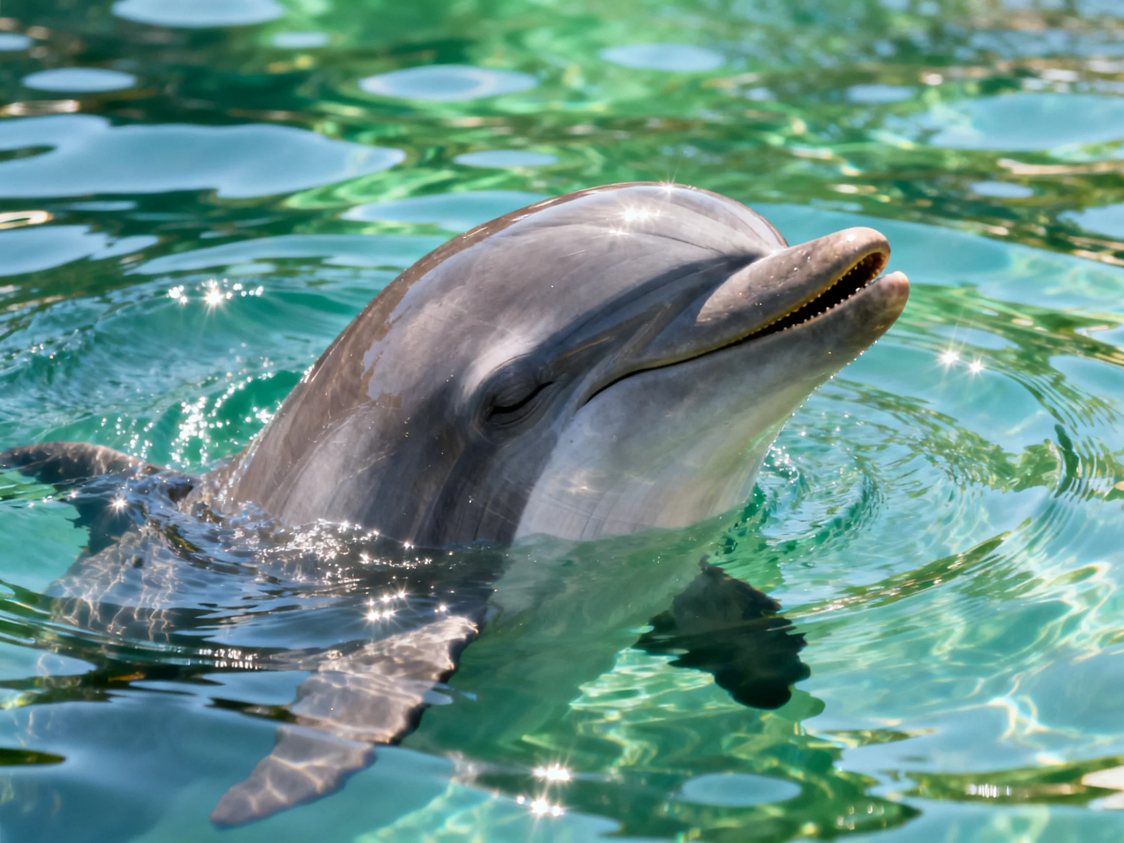 A gray dolphin emerges from turquoise water with closed eyes