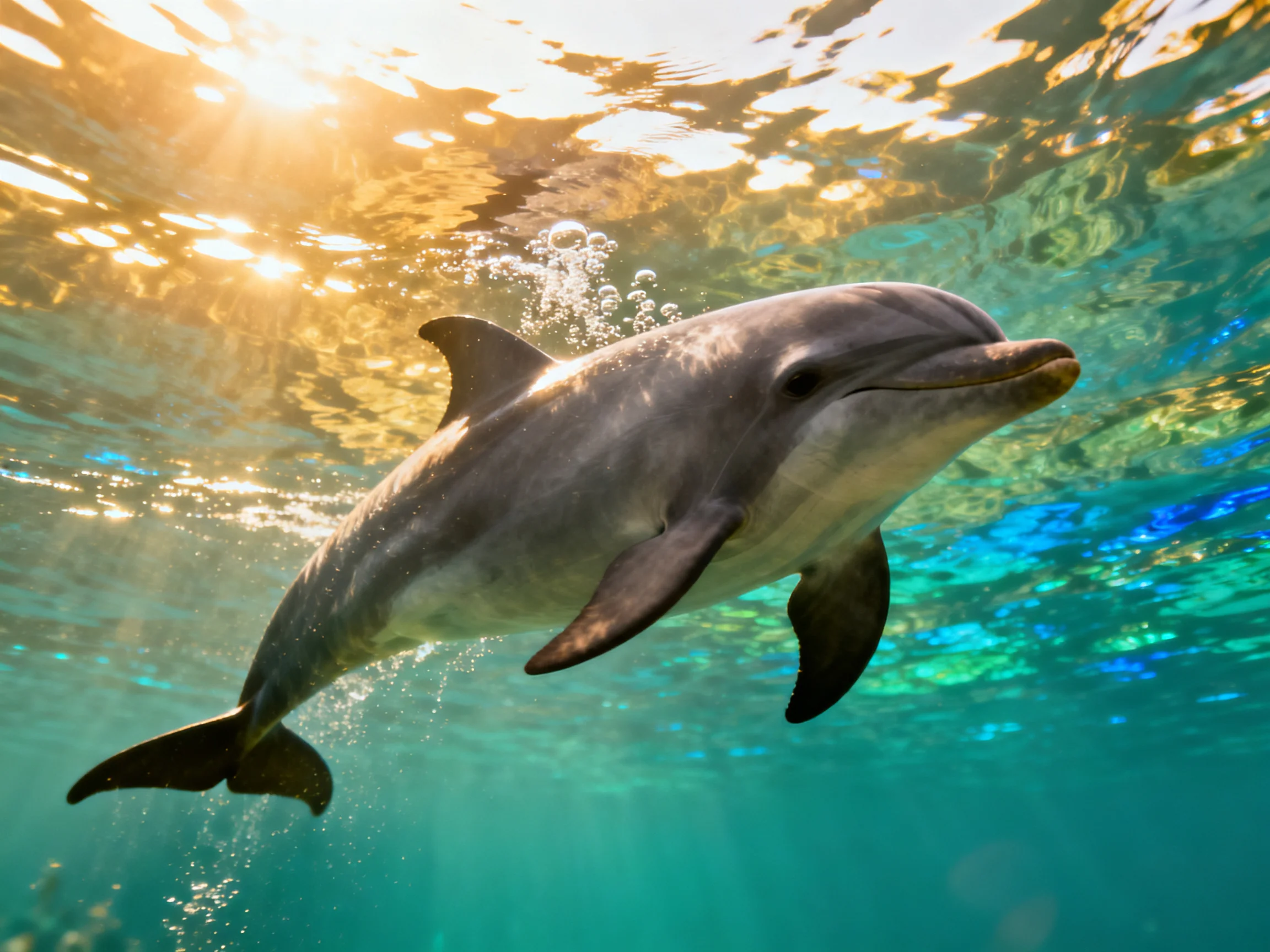 A gray dolphin gliding through sun-dappled turquoise waters