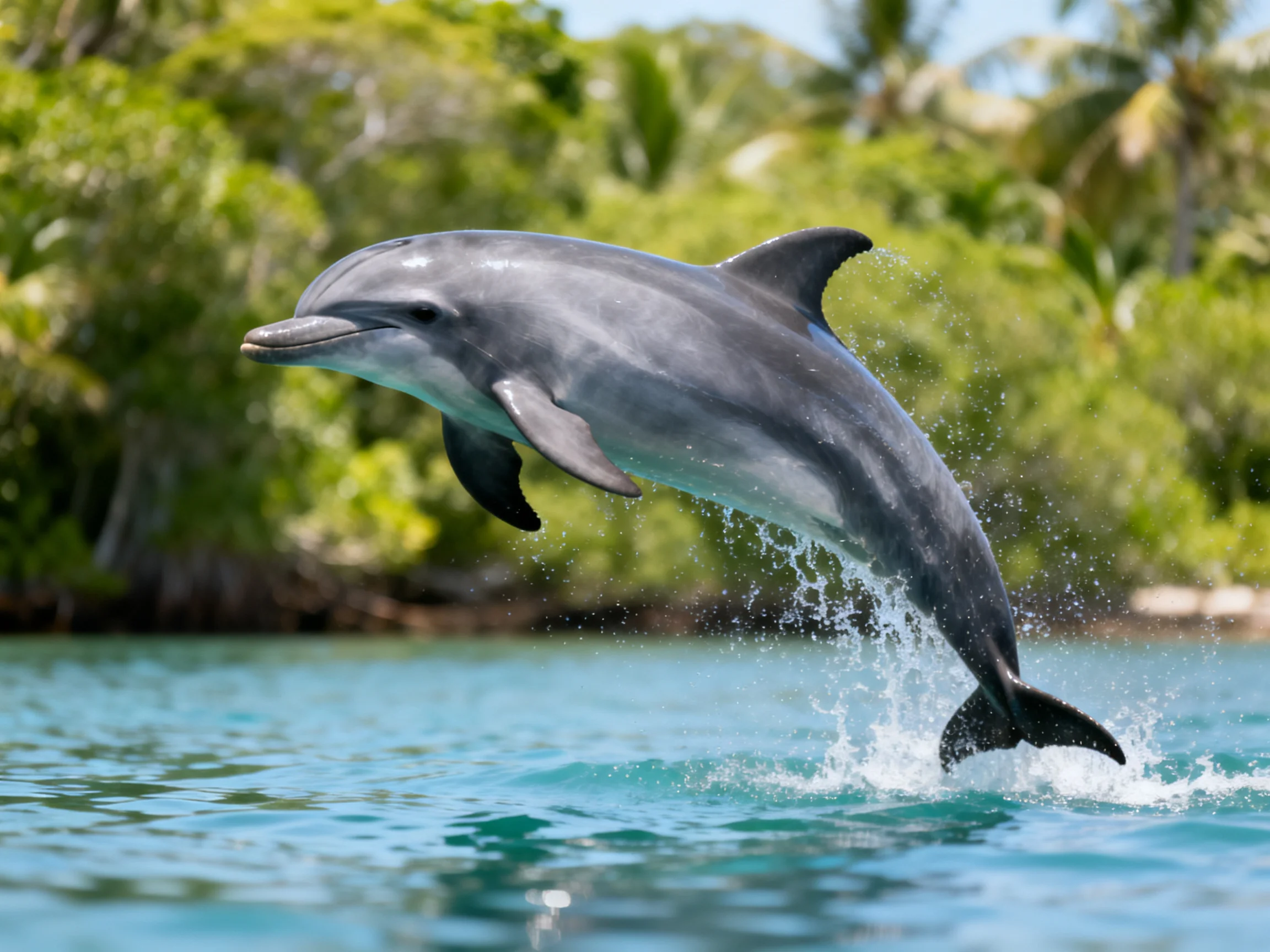 A gray dolphin leaps from turquoise water near dense green foliage