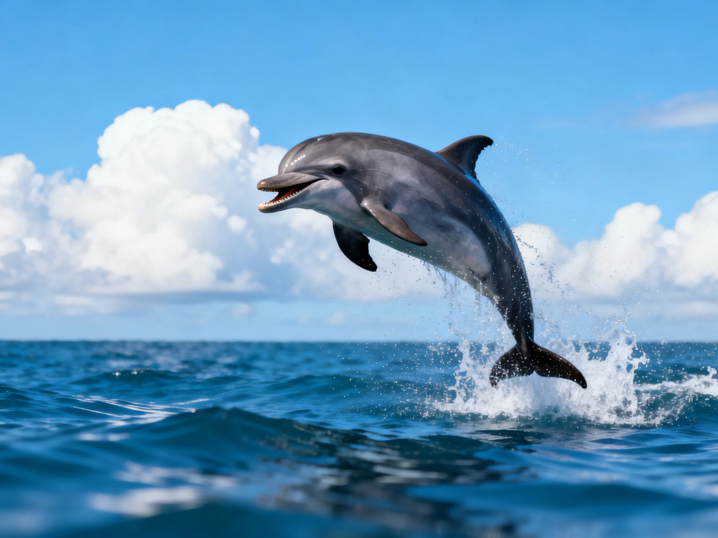 A gray dolphin leaps from turquoise waters under a bright blue sky