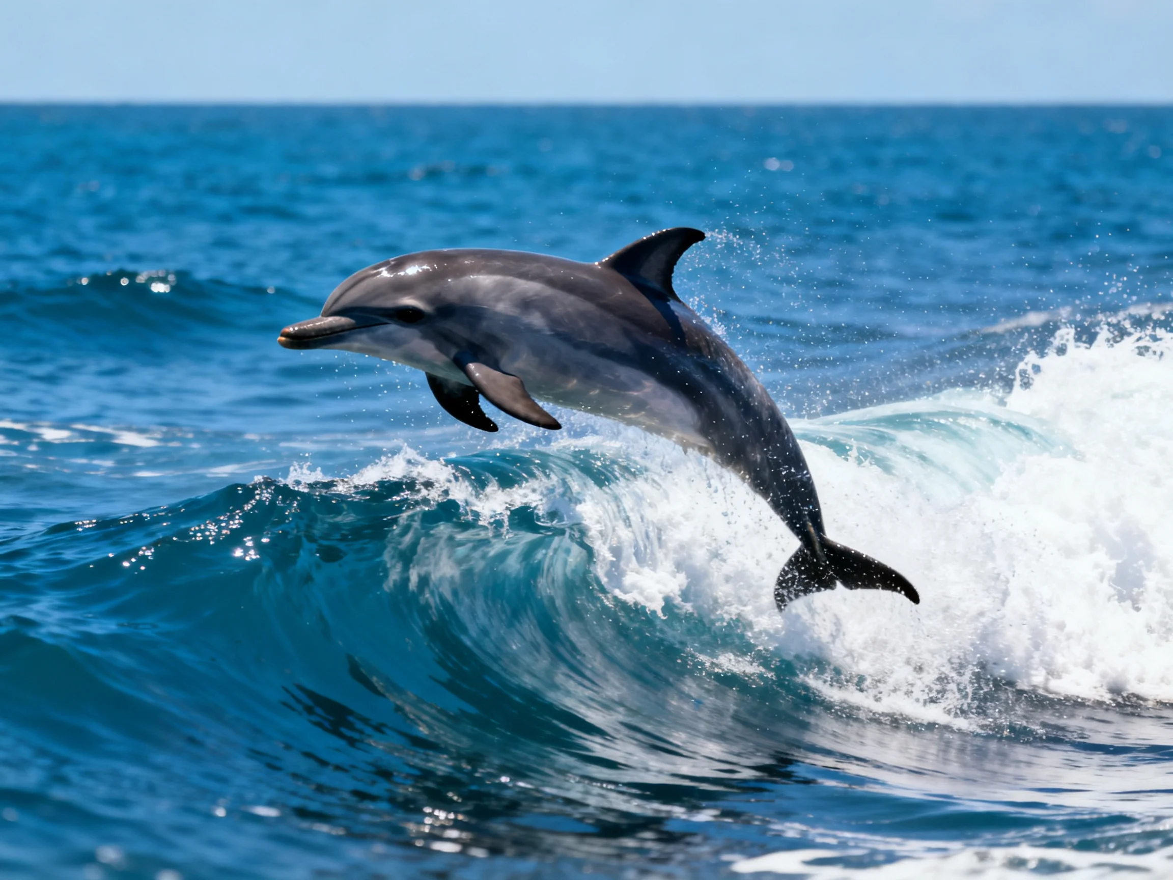 A gray dolphin leaps over a turquoise ocean wave