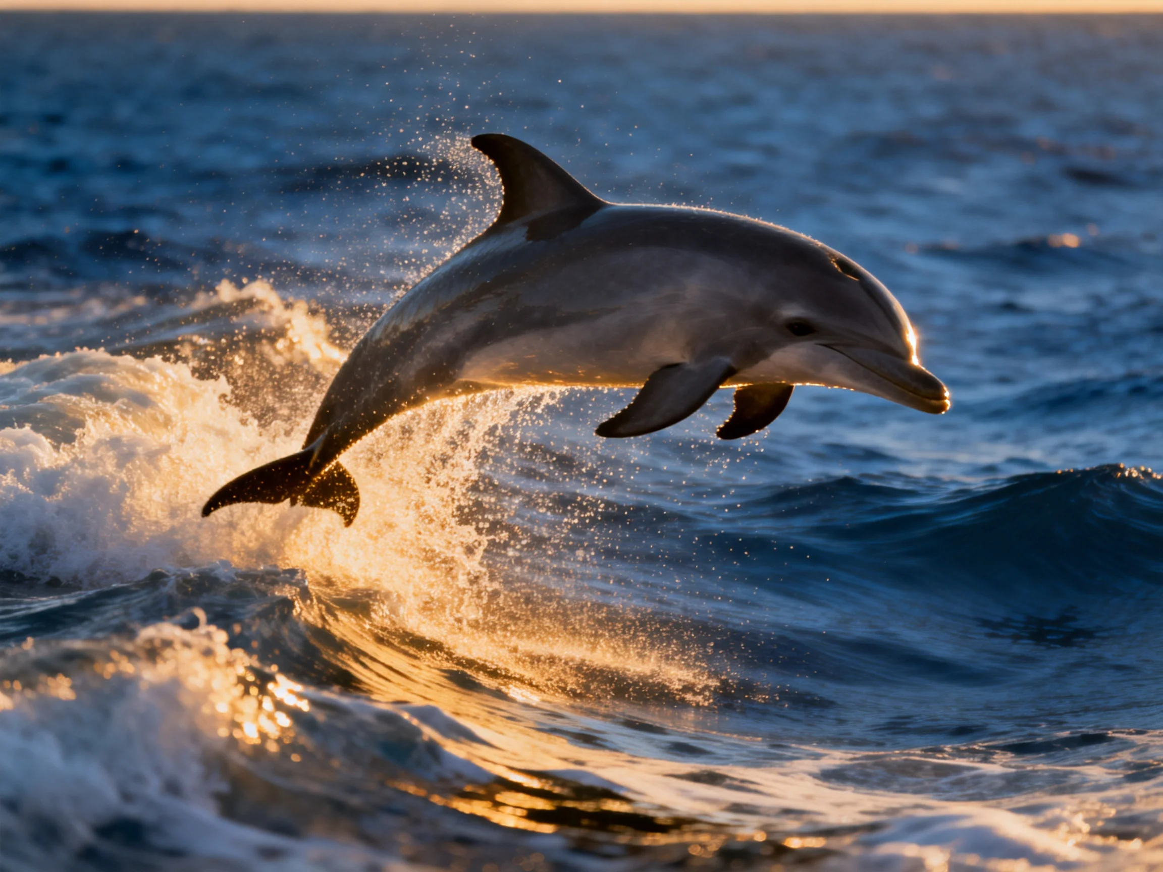 A gray dolphin leaps over golden ocean waves at sunset
