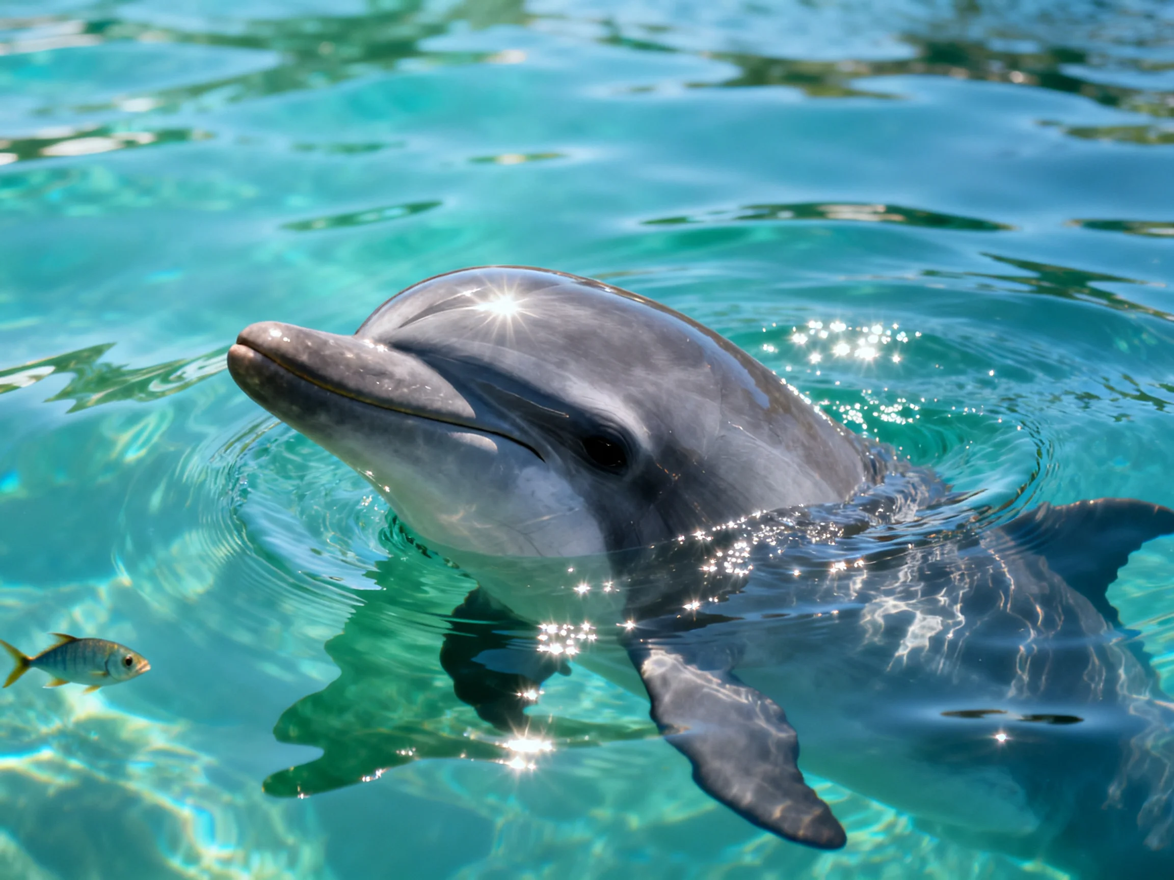 A gray dolphin swims in clear turquoise water with a small silver fish nearby.