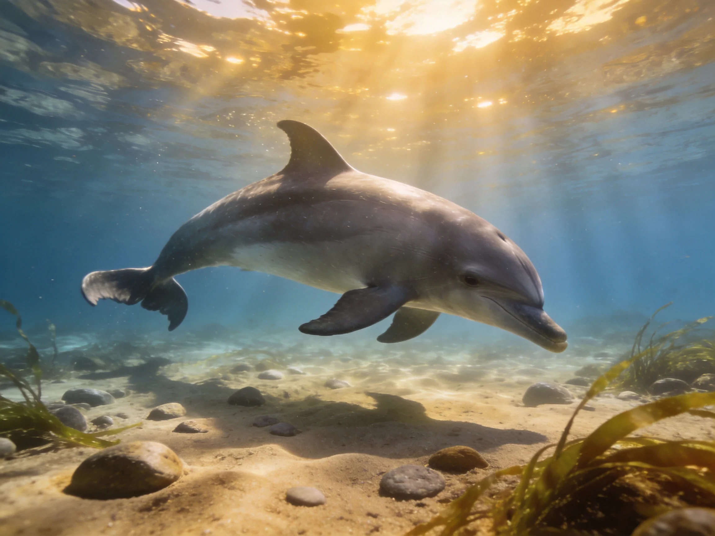 A gray dolphin swims near a sandy seabed with seaweed and sunlight