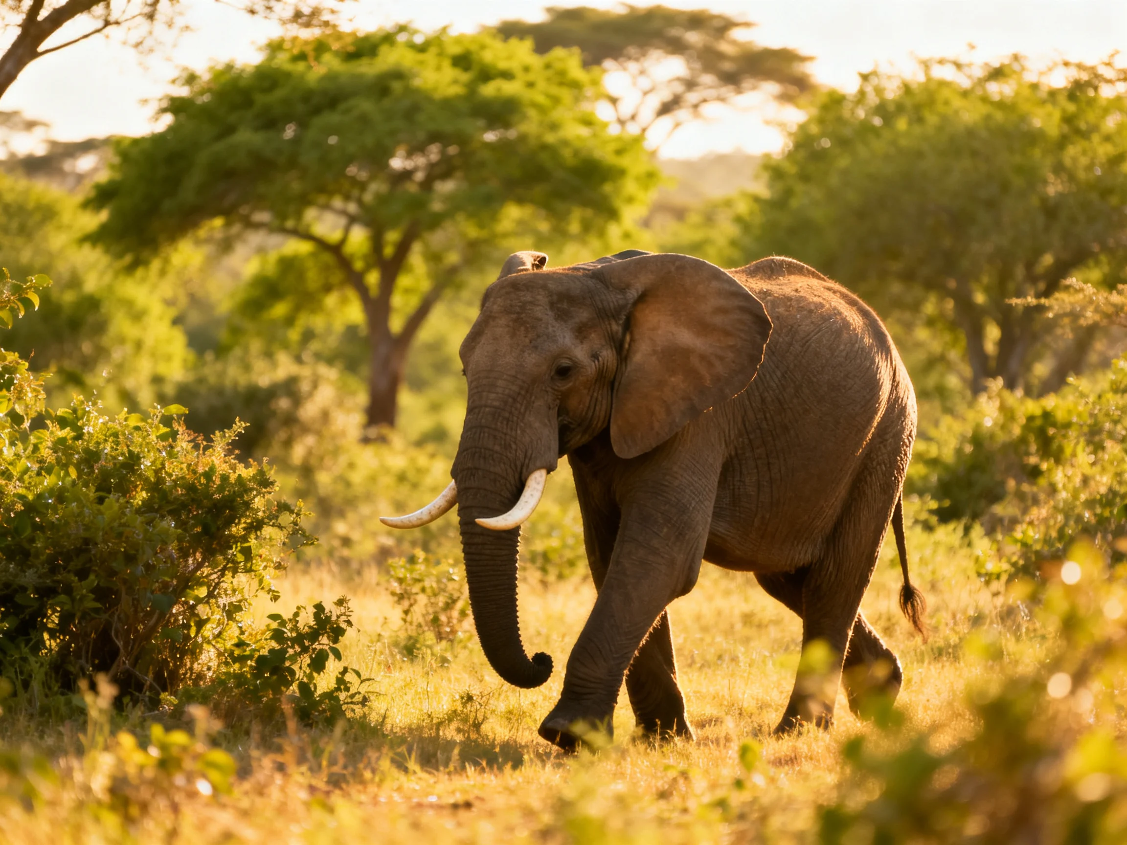 A gray elephant roams golden savannah with green foliage