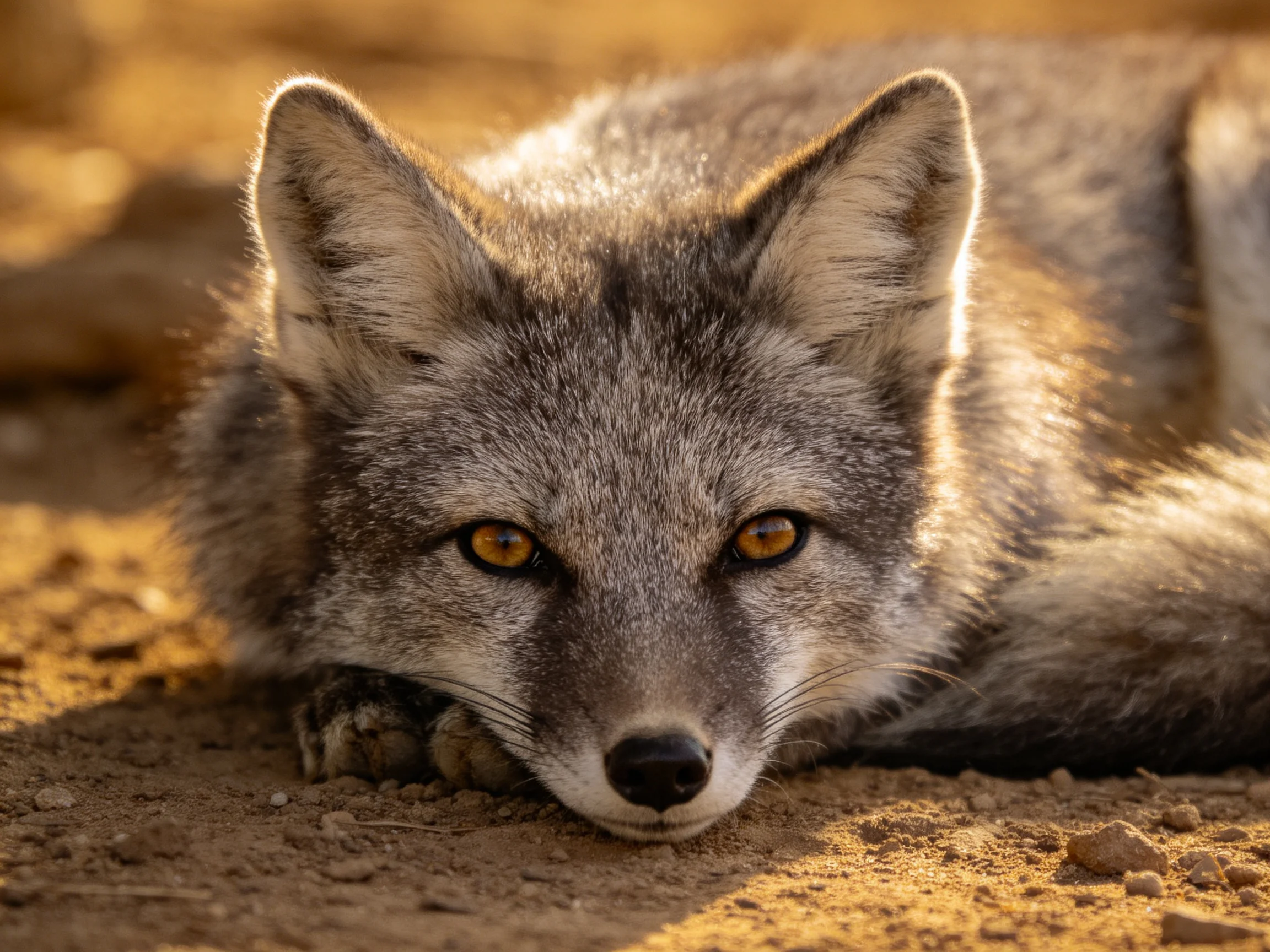A gray fox rests on sandy terrain with amber eyes