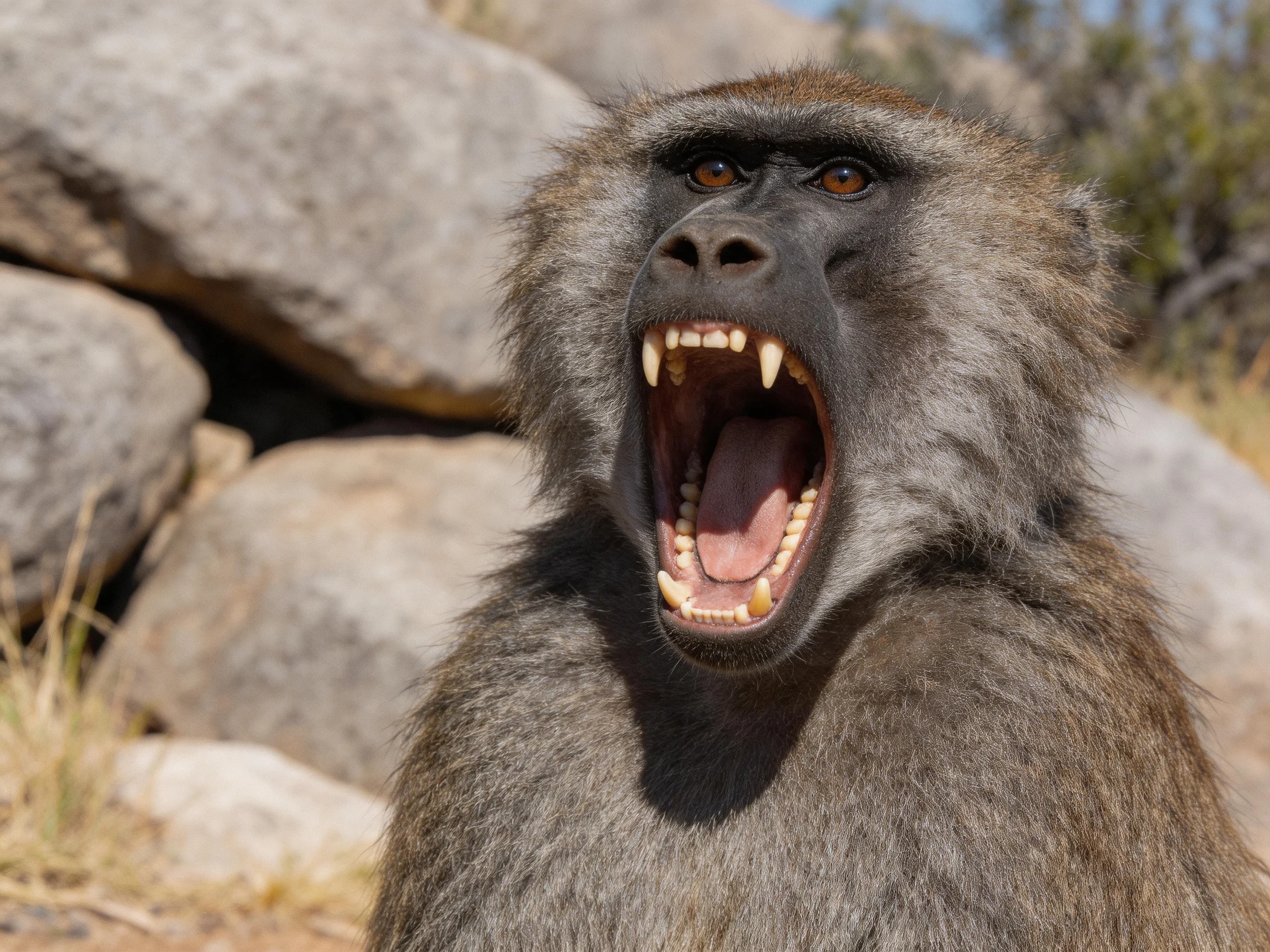 A gray-furred baboon roars near large rocky formations