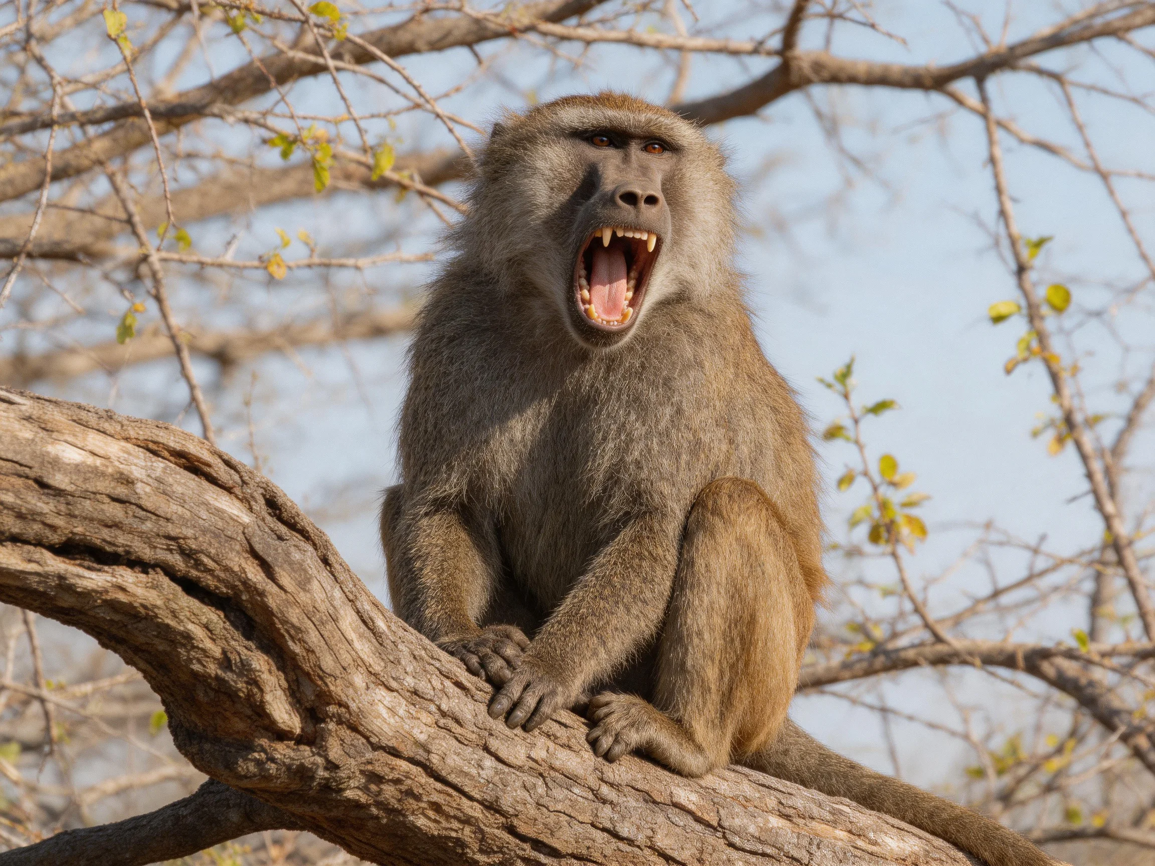 A gray-furred baboon sits on a gnarled tree branch with an open mouth