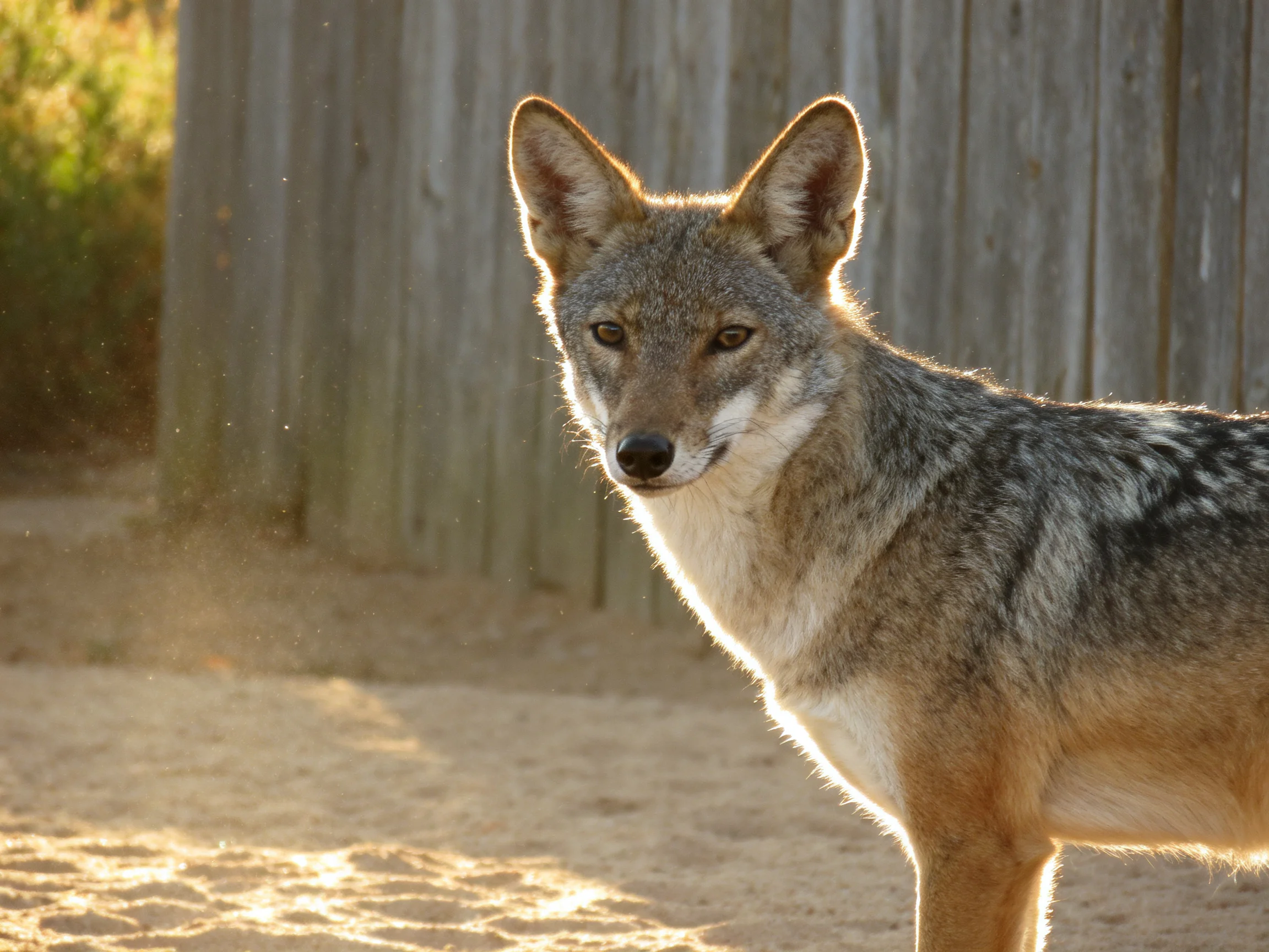 A gray-furred canid near an aged wooden fence