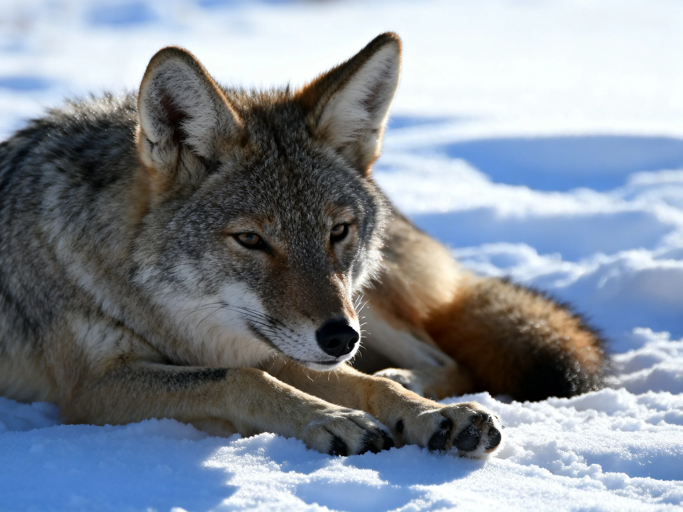 A gray-furred coyote rests in bright snowy terrain