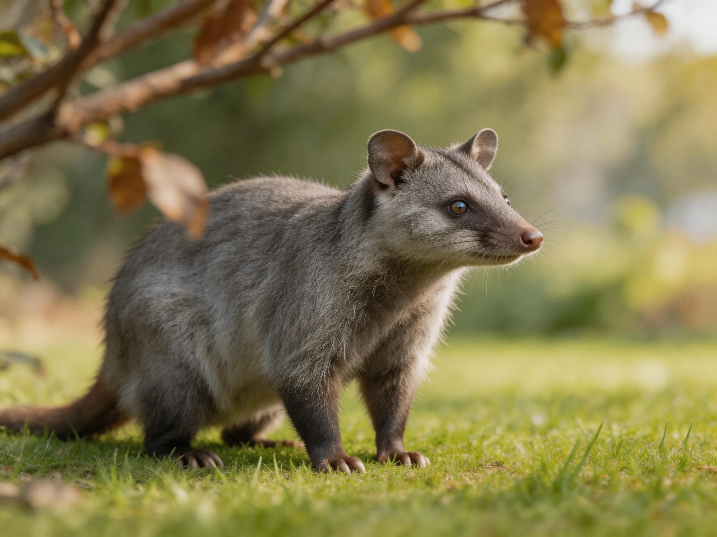 A gray-furred mammal stands on lush green grass near brown branches