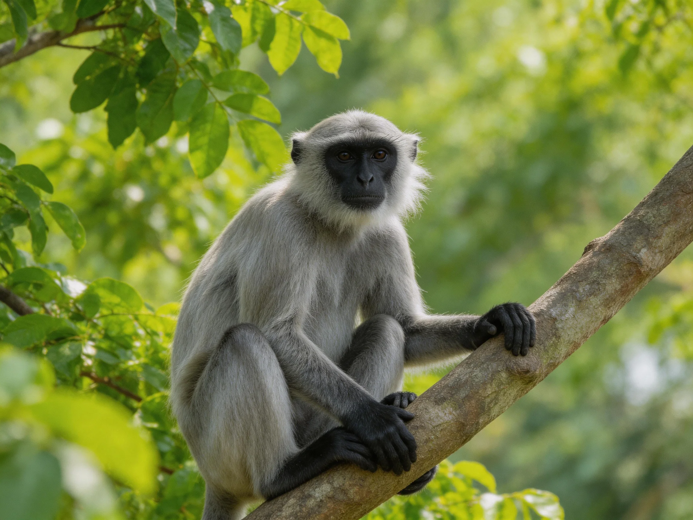 A gray-furred monkey perched on a tree branch amid lush green foliage