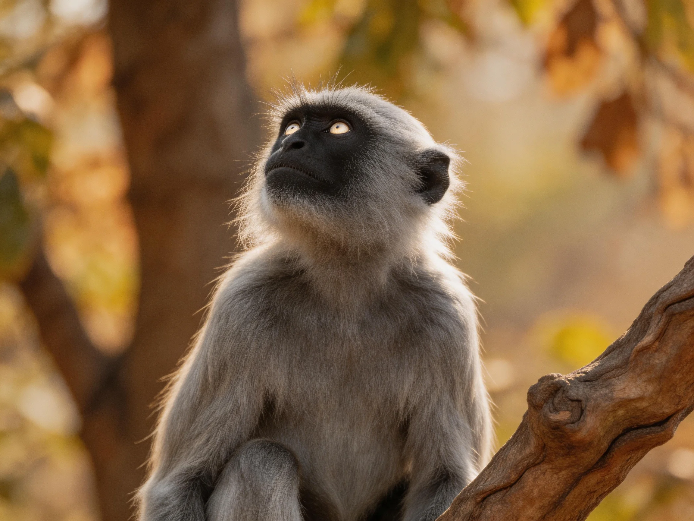 A gray-furred monkey sits on a twisted tree branch amid golden-leaved trees