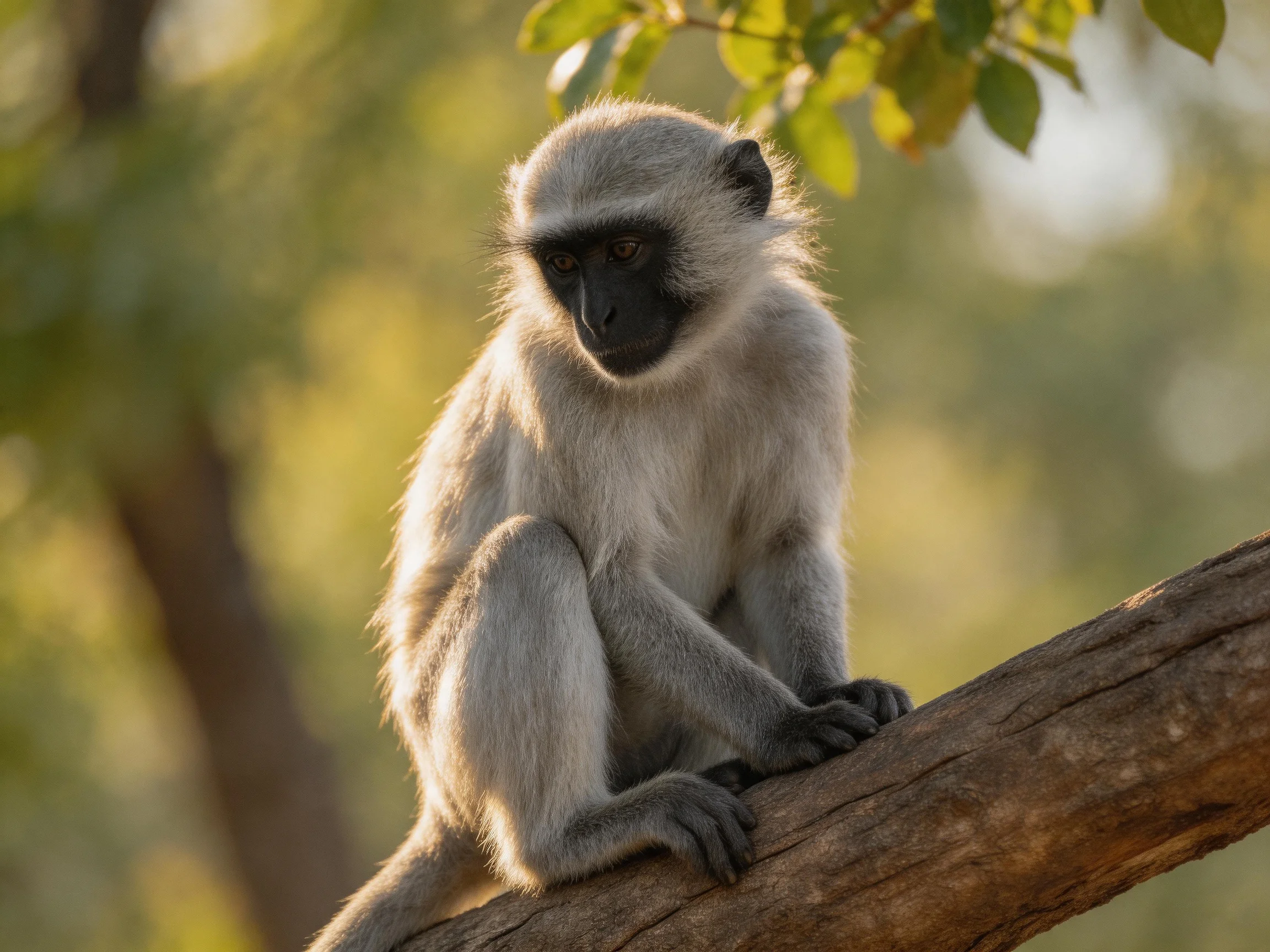 A gray-furred monkey with black face sits on a brown tree branch