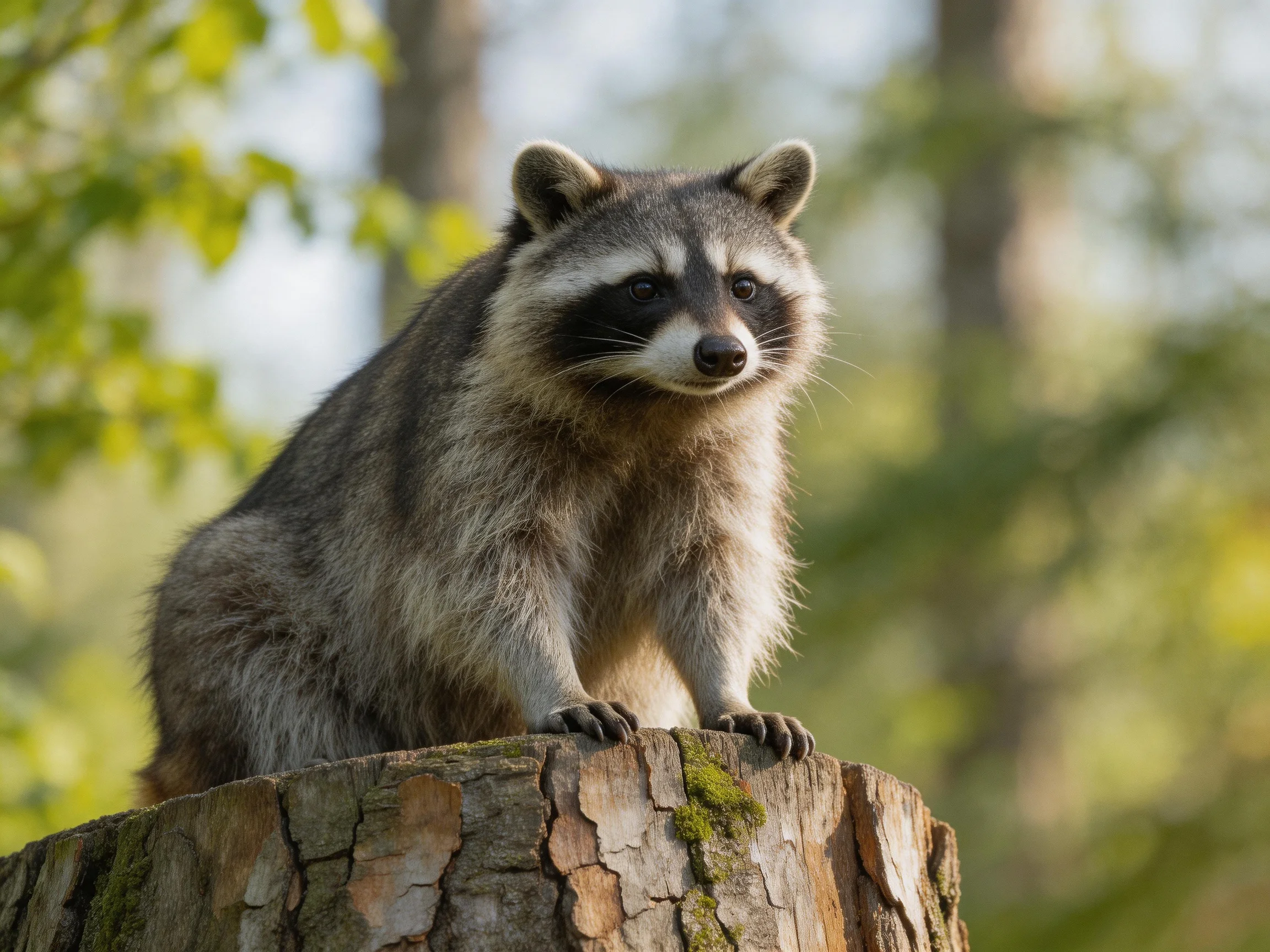A gray-furred raccoon perched on a mossy tree stump in a sunlit forest