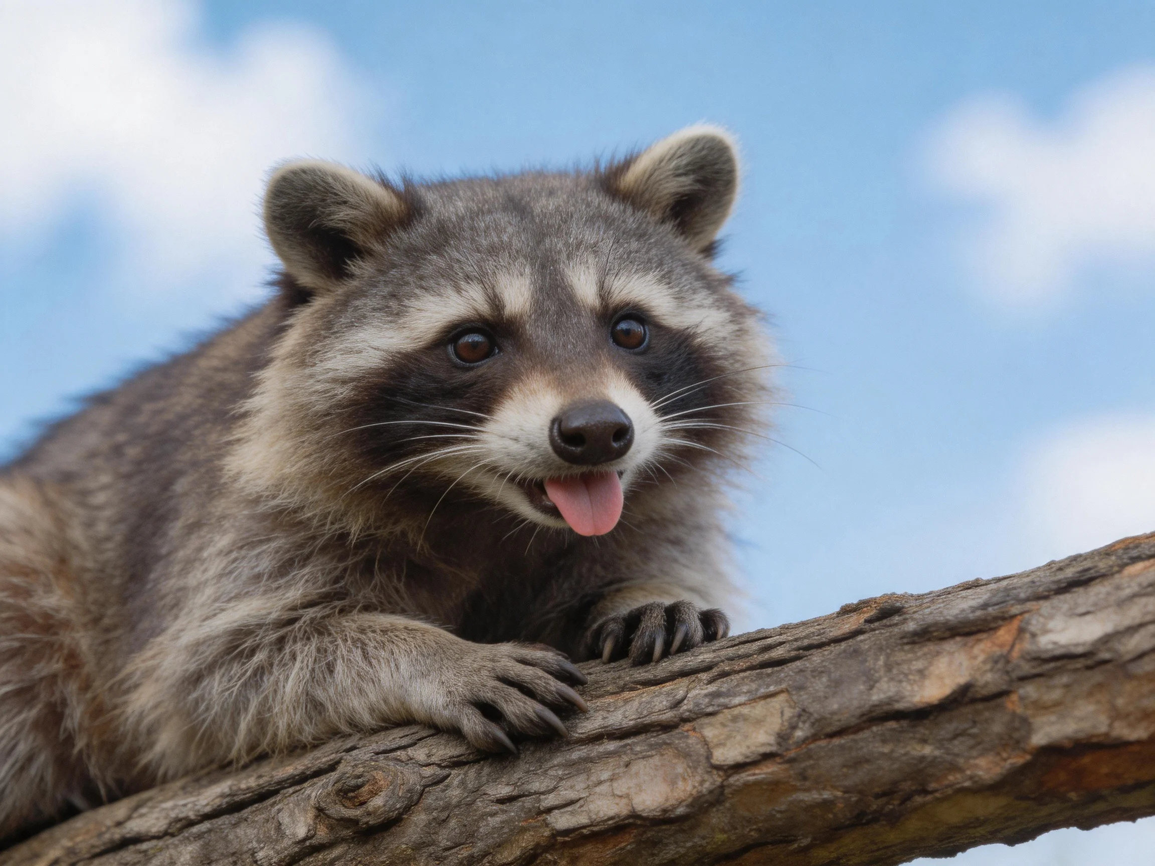 A gray-furred raccoon perched on a weathered tree branch against blue sky