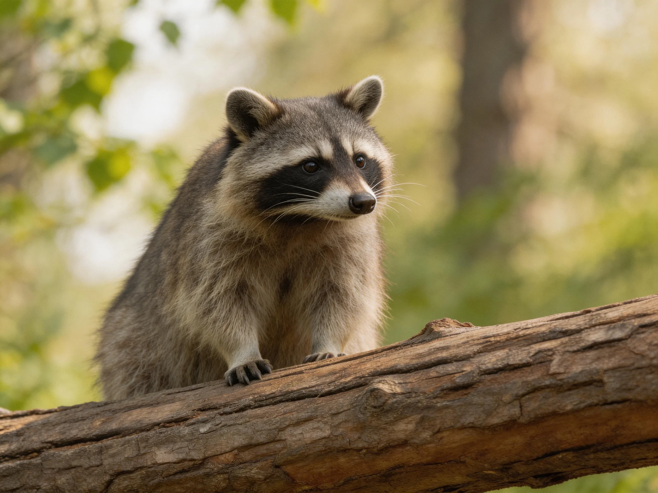 A gray-furred raccoon perched on a weathered tree trunk