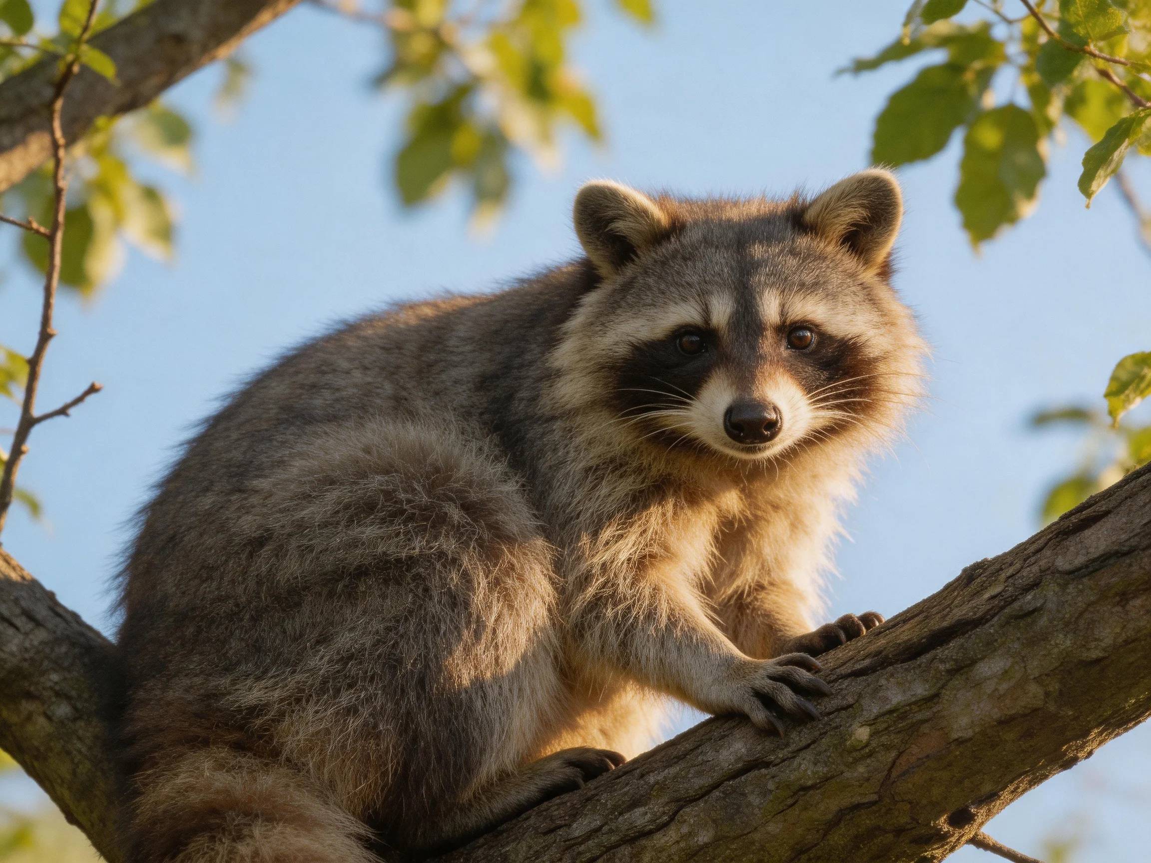 A gray-furred raccoon perches on a gnarled tree branch