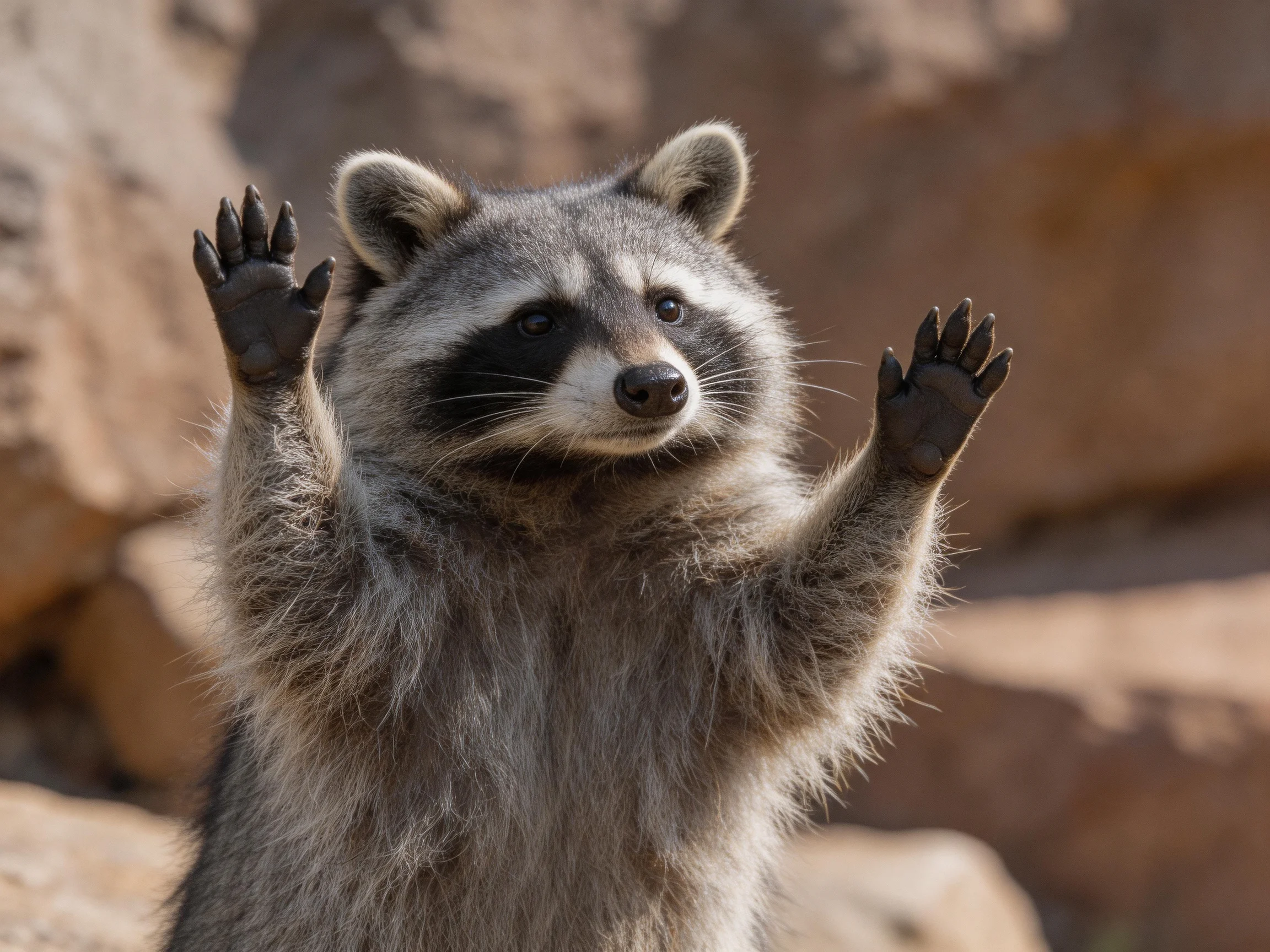 A gray-furred raccoon raises its front paws near rocky terrain