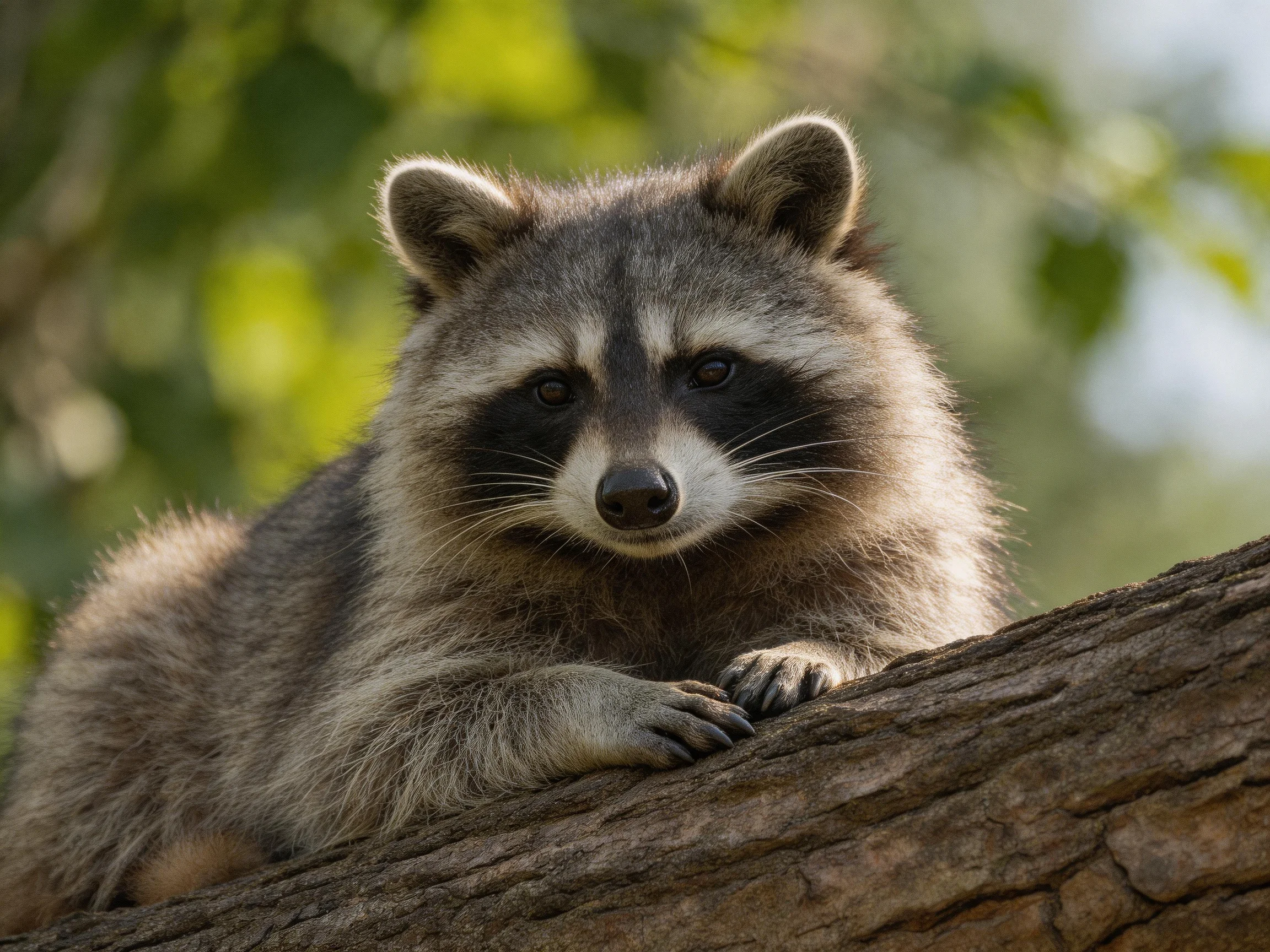 A gray-furred raccoon rests on a brown tree branch amid green foliage